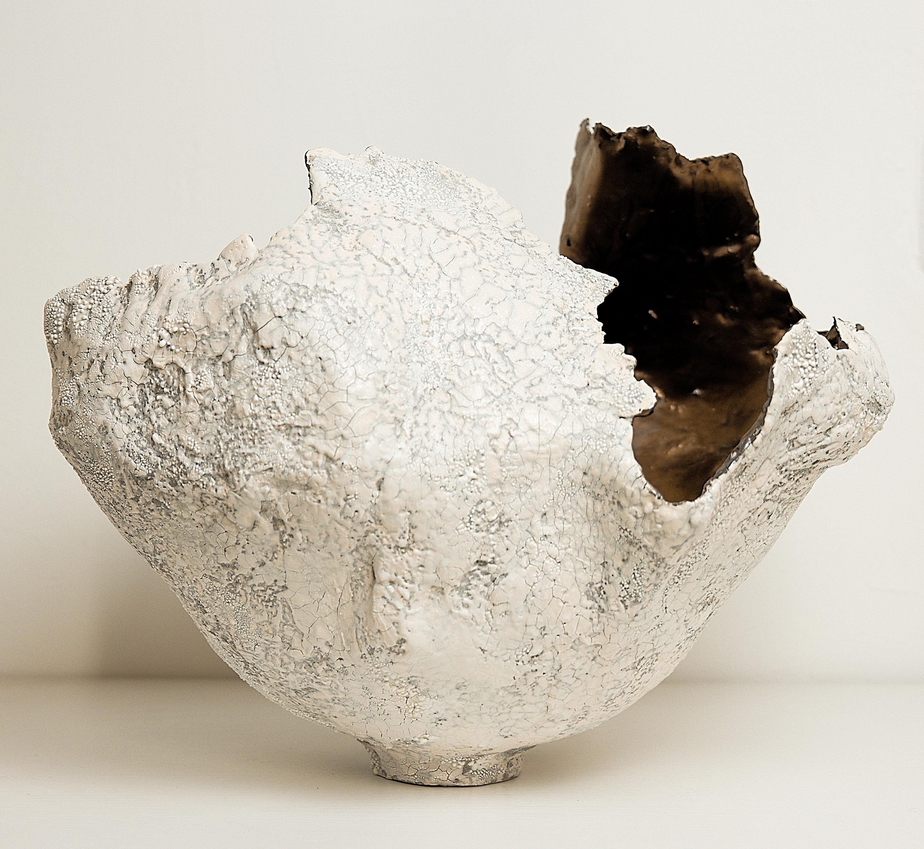 Drift  White sculpture Open Vessel Vase Handmade with GOLD glaze 6