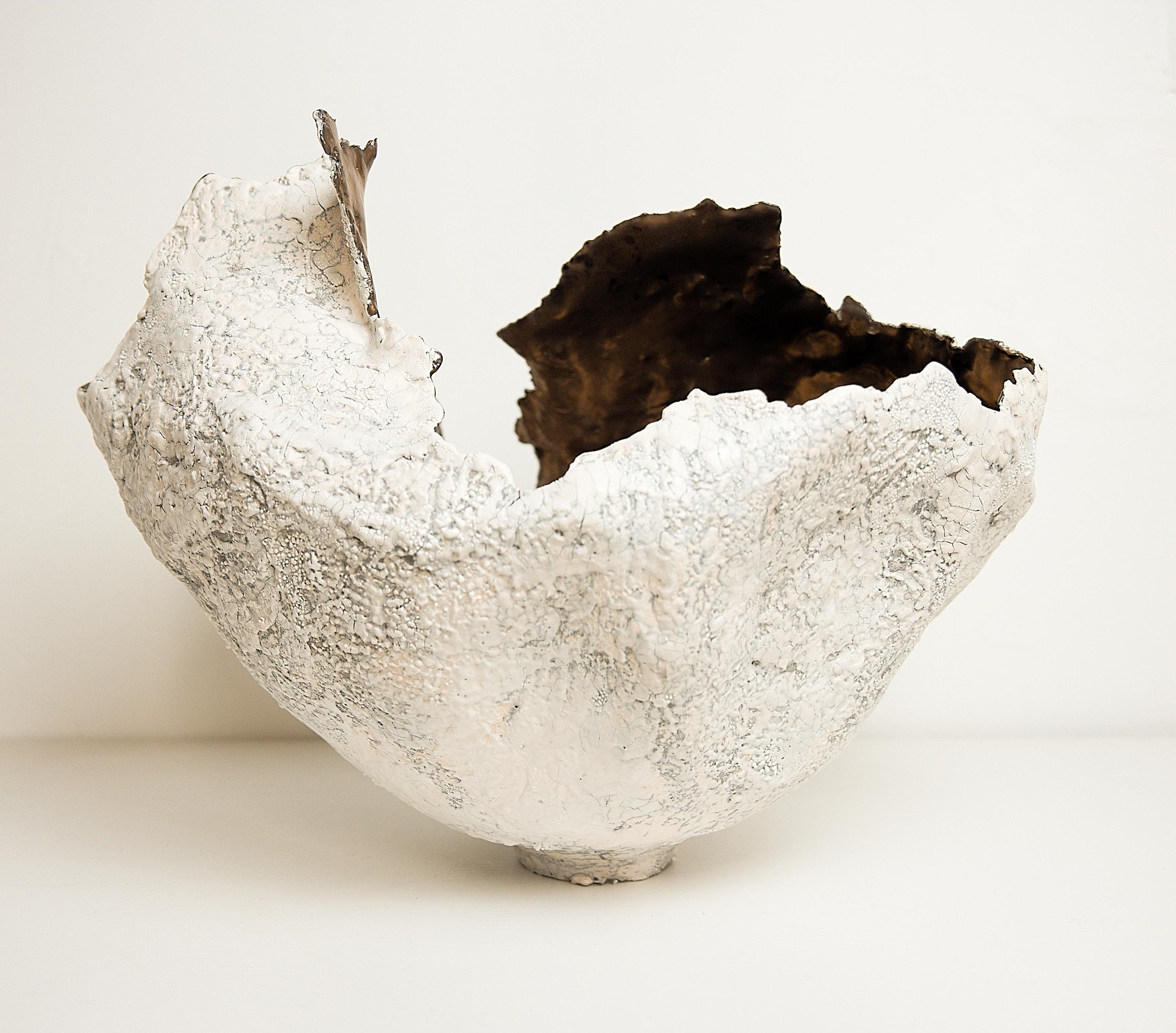 Contemporary Drift  White sculpture Open Vessel Vase Handmade with GOLD glaze