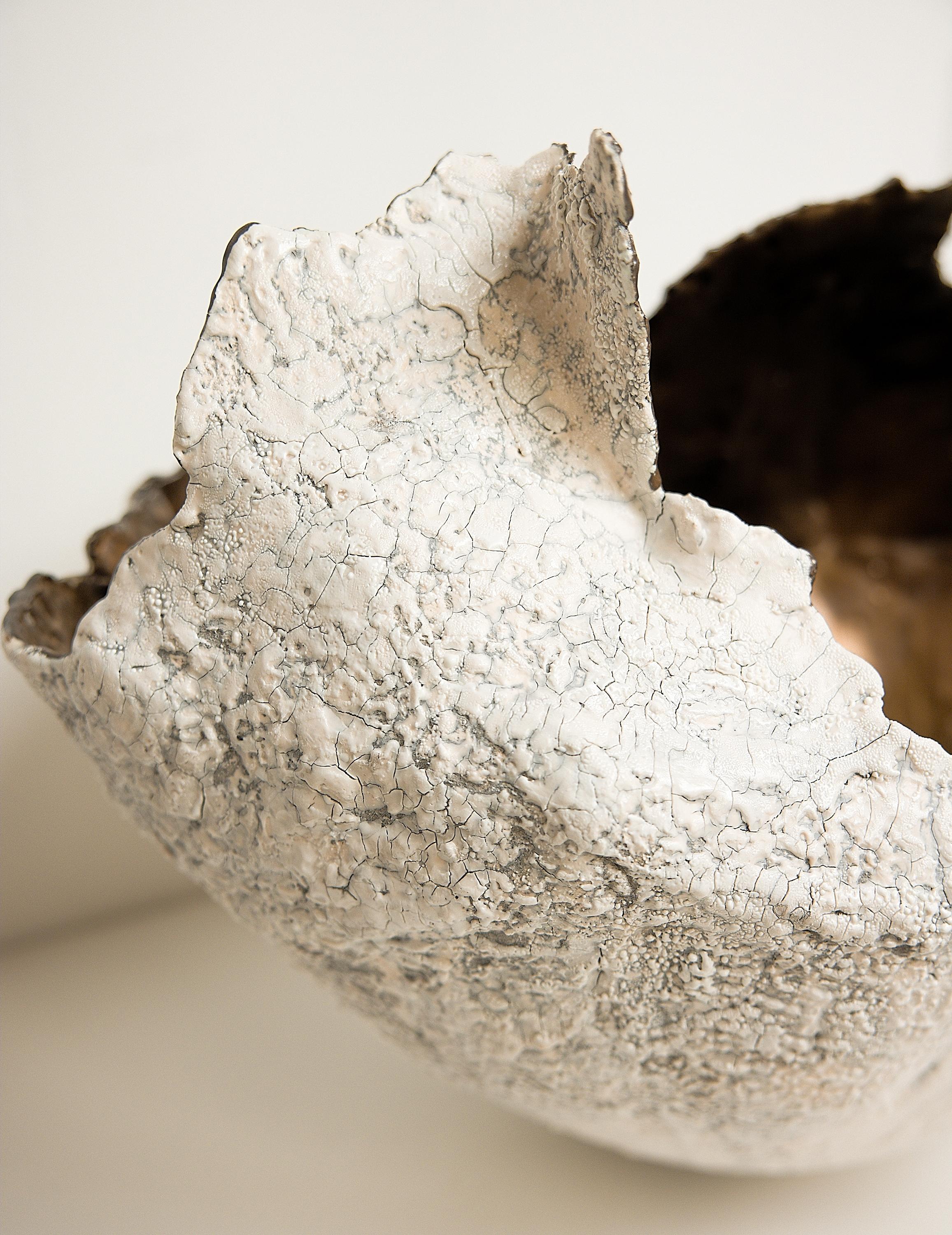 Stoneware Drift  White sculpture Open Vessel Vase Handmade with GOLD glaze For Sale