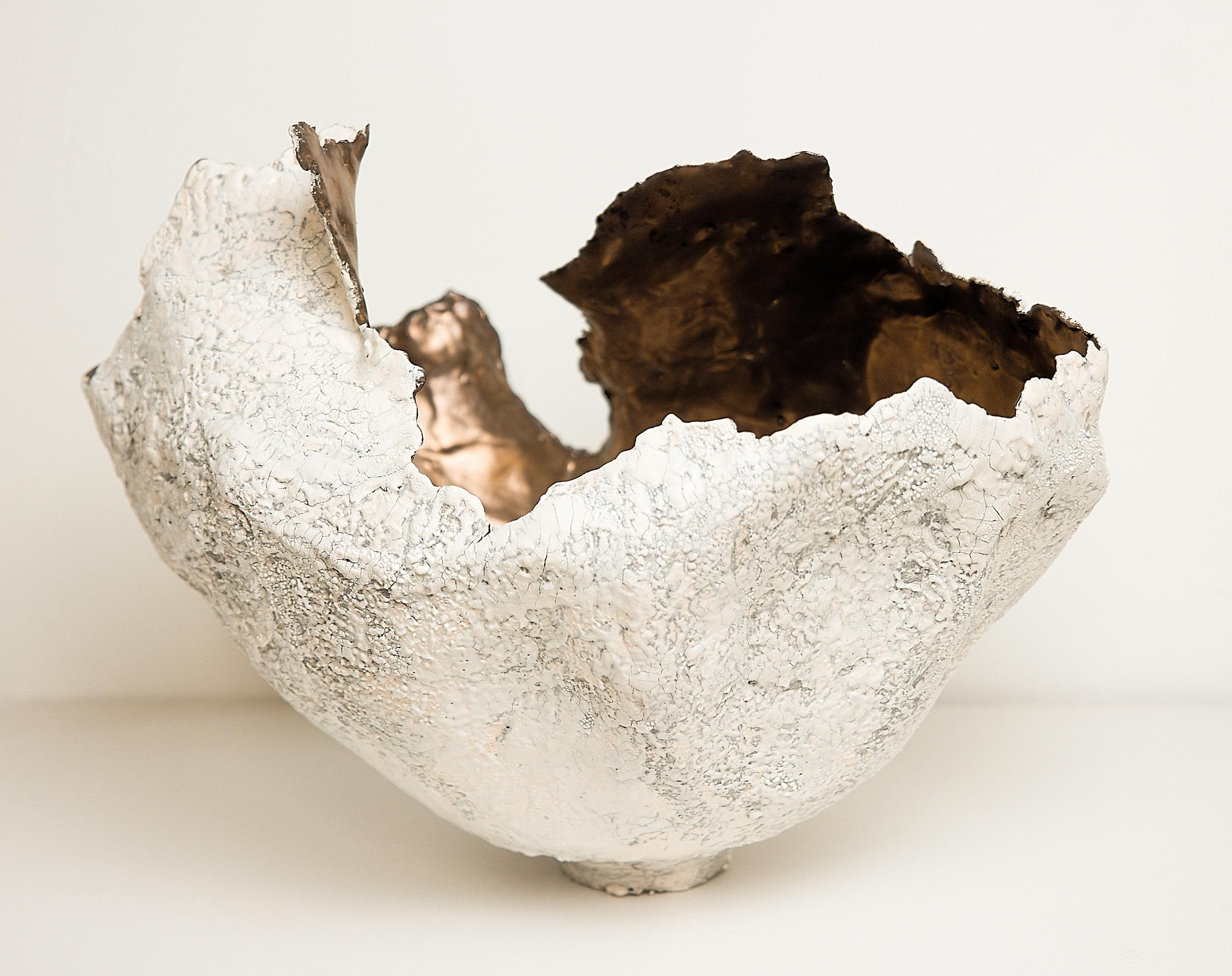 Drift  White sculpture Open Vessel Vase Handmade with GOLD glaze 1