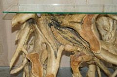 Drift Wood Console Table in Limed Teak with Thick Glass Top Very Decorative