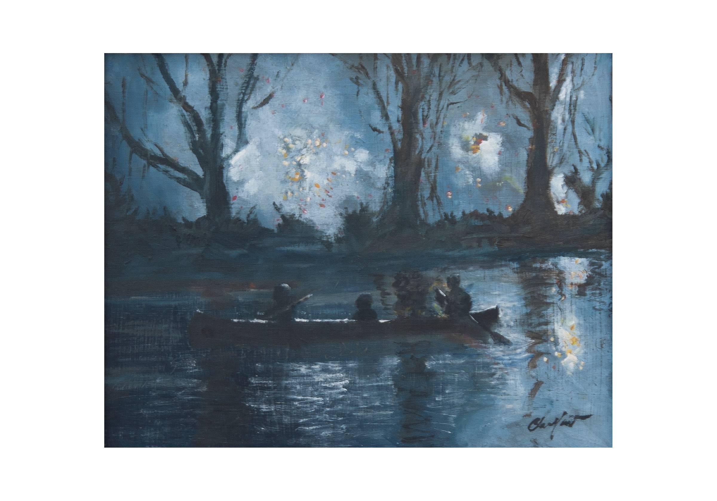 This nocturne illustrates a moment when a quiet boating party’s serenity is suddenly rocked. The once peaceful night sky explodes with fireworks and merrymaking. Someone is always quietly observing.
