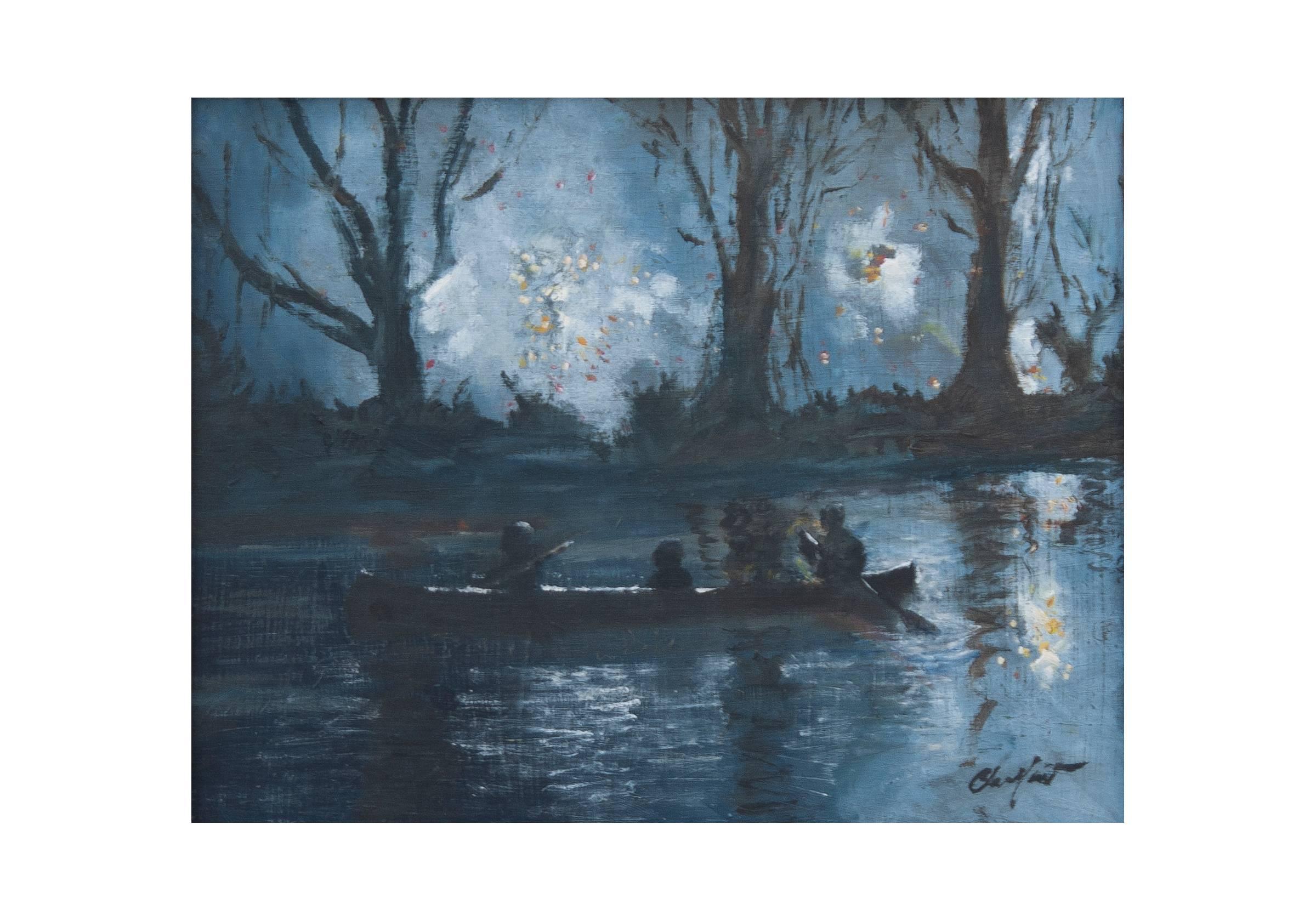 Questo notturno illustra un momento in cui la serenità di una tranquilla festa in barca viene improvvisamente scossa. Il cielo notturno, un tempo tranquillo, esplode con fuochi d'artificio e festeggiamenti. Qualcuno osserva sempre in silenzio.