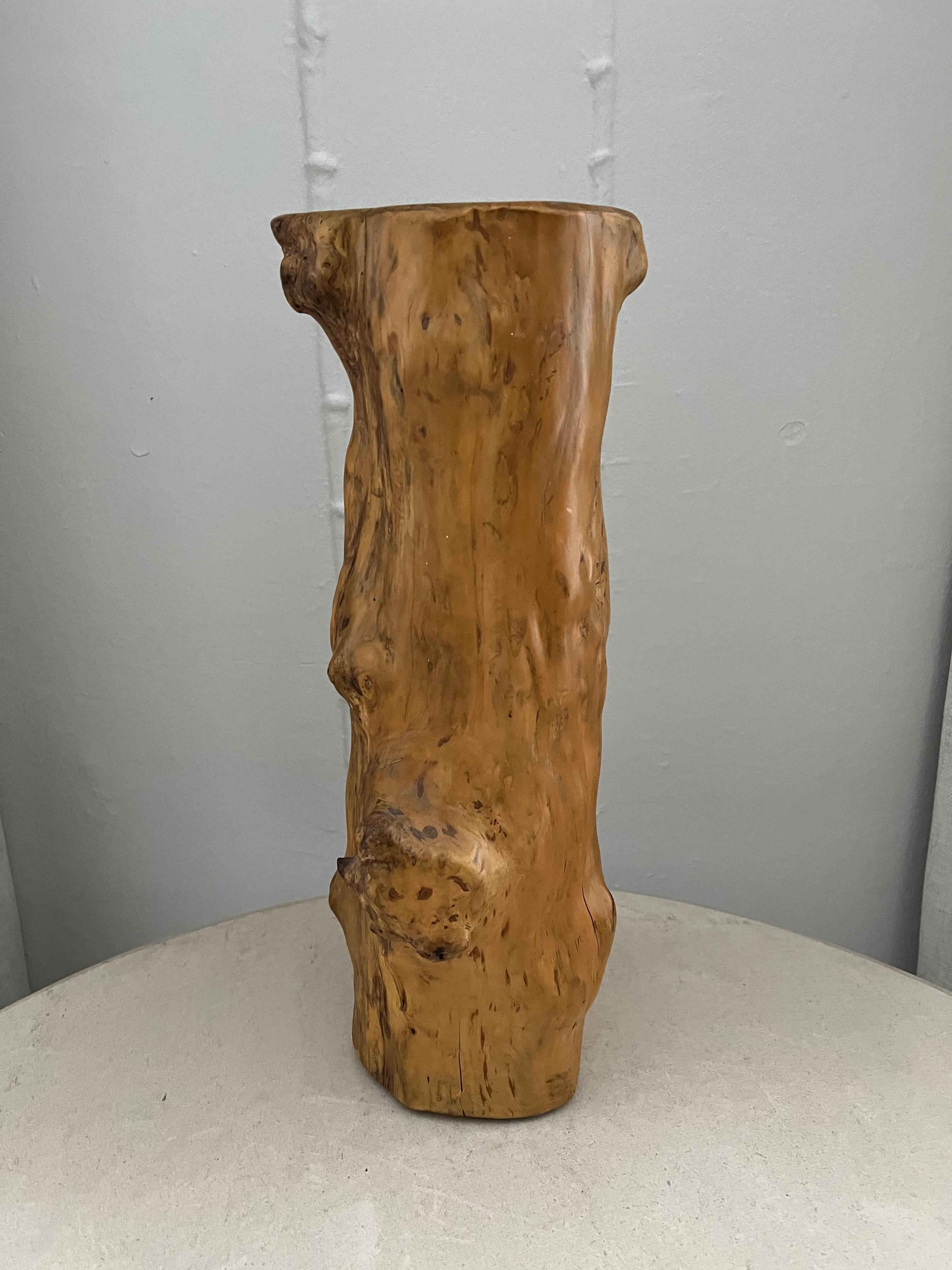 Smooth piece of organic shaped driftwood. Stands upright, with a flat base. An opening at the top has been carved out, making this an interesting vase or planter. Could be used creatively for a number of rooms, anywhere where natural elements are