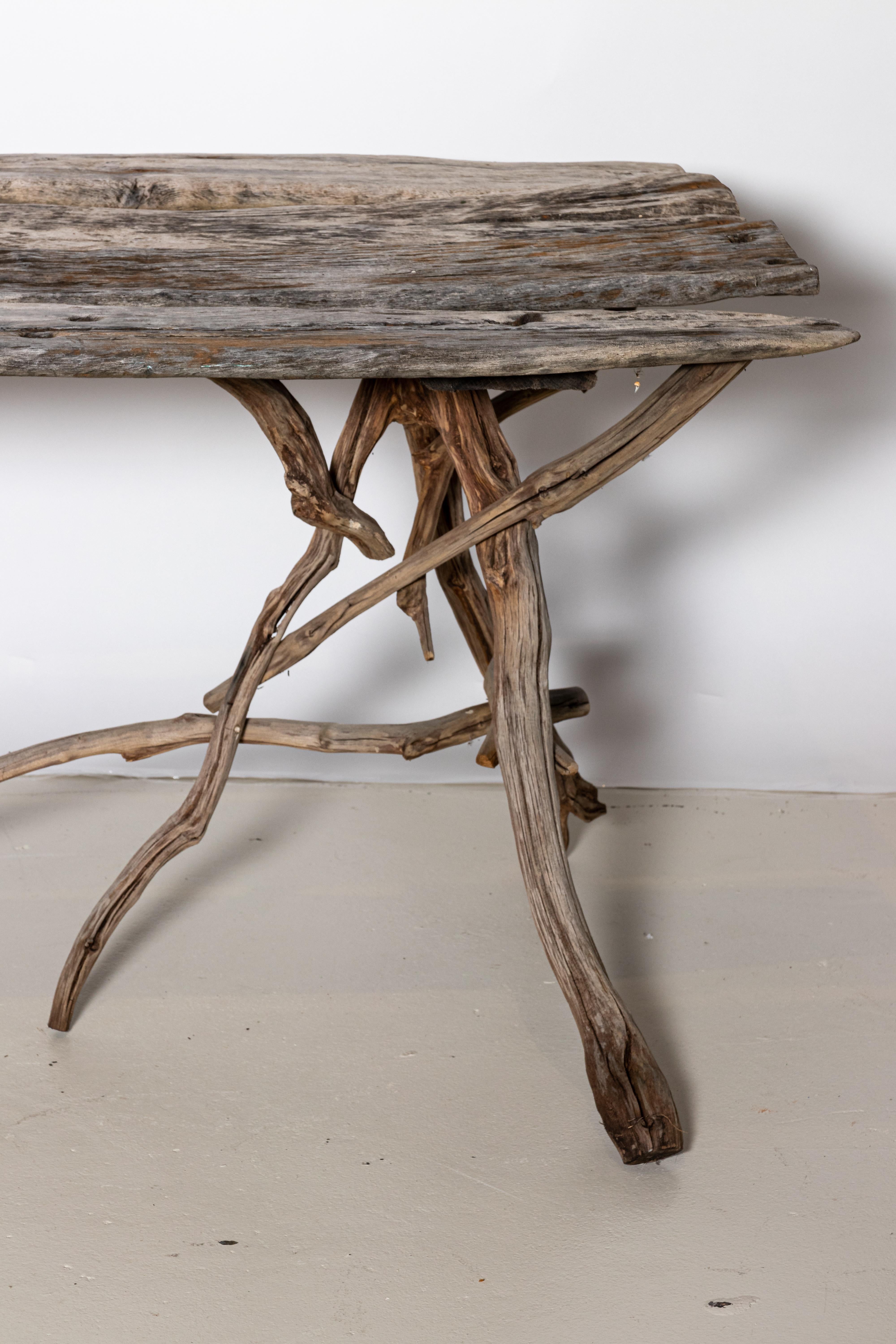Carved English Country Reclaimed Driftwood Garden Table