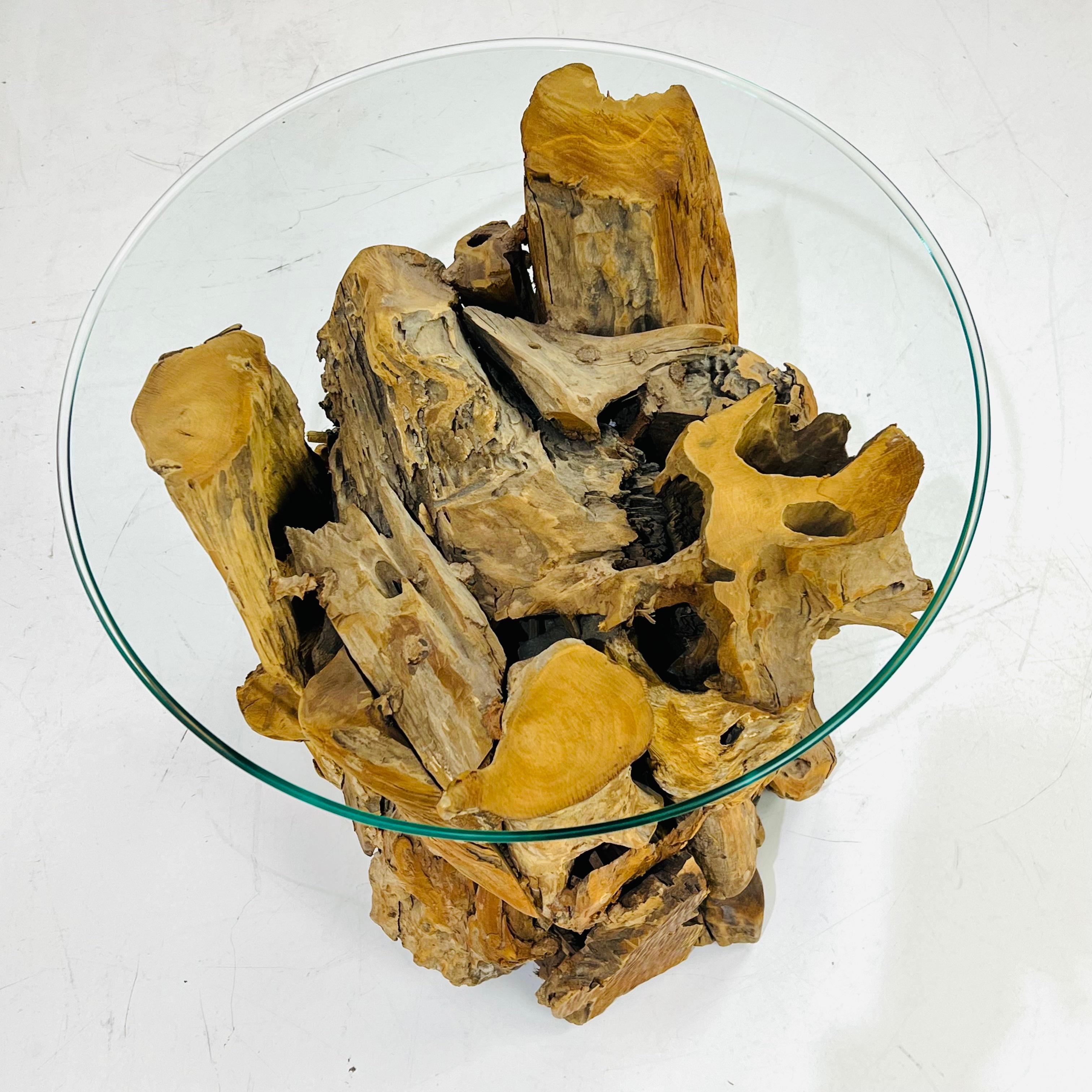 Guéridon en bois flotté avec plateau en verre en vente 13