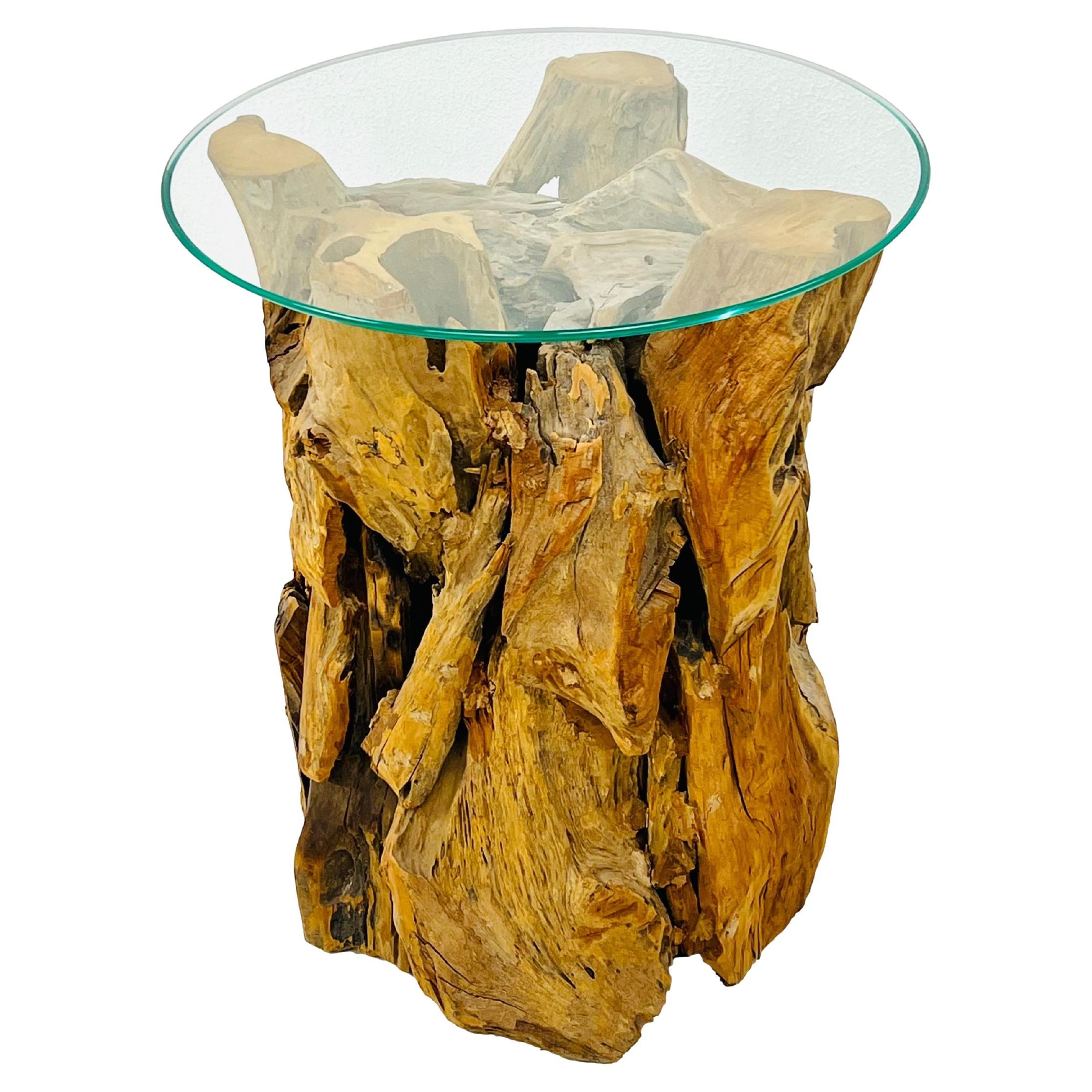 Guéridon en bois flotté avec plateau en verre