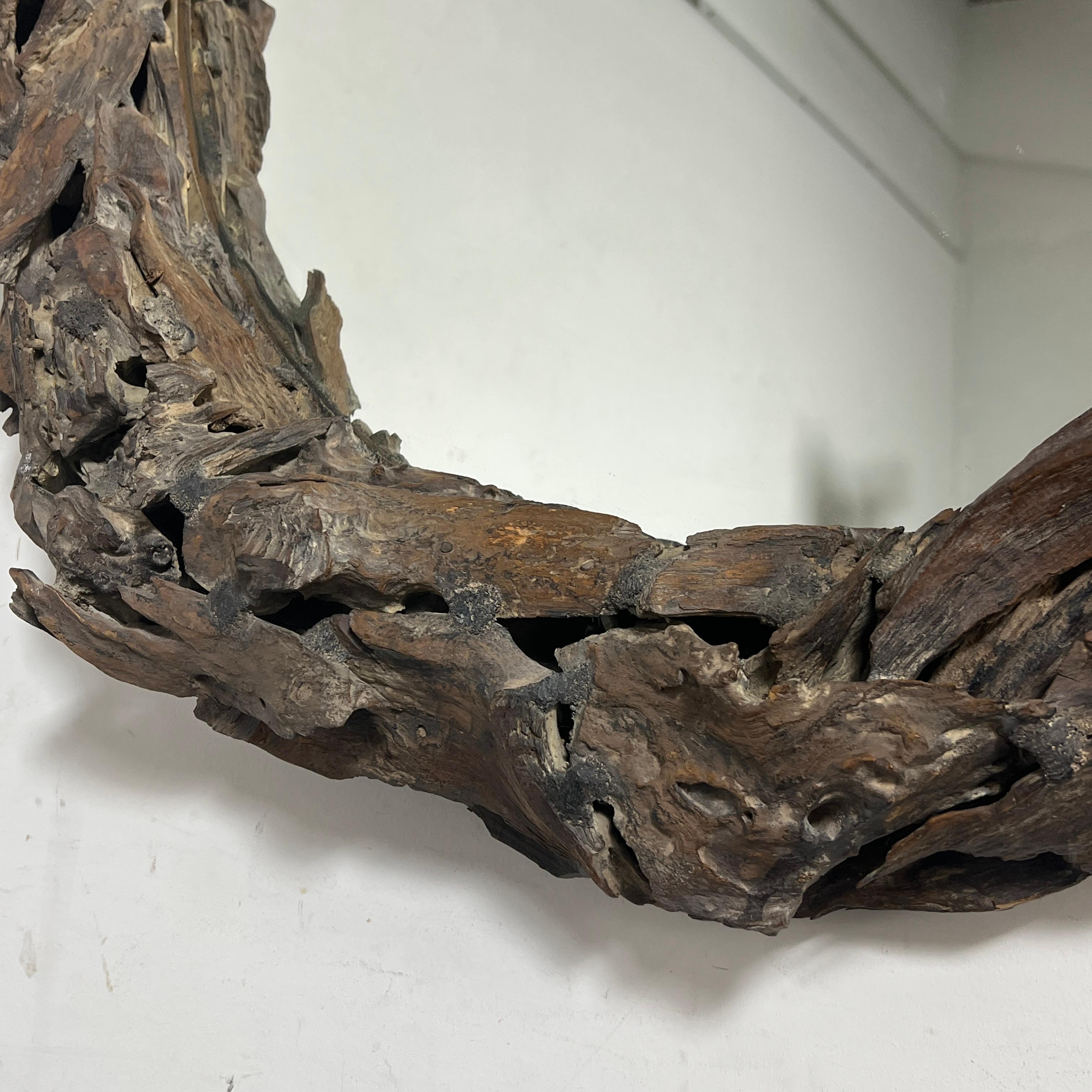 Rustic Coastal Driftwood Rondelle Wall Mirror For Sale 1