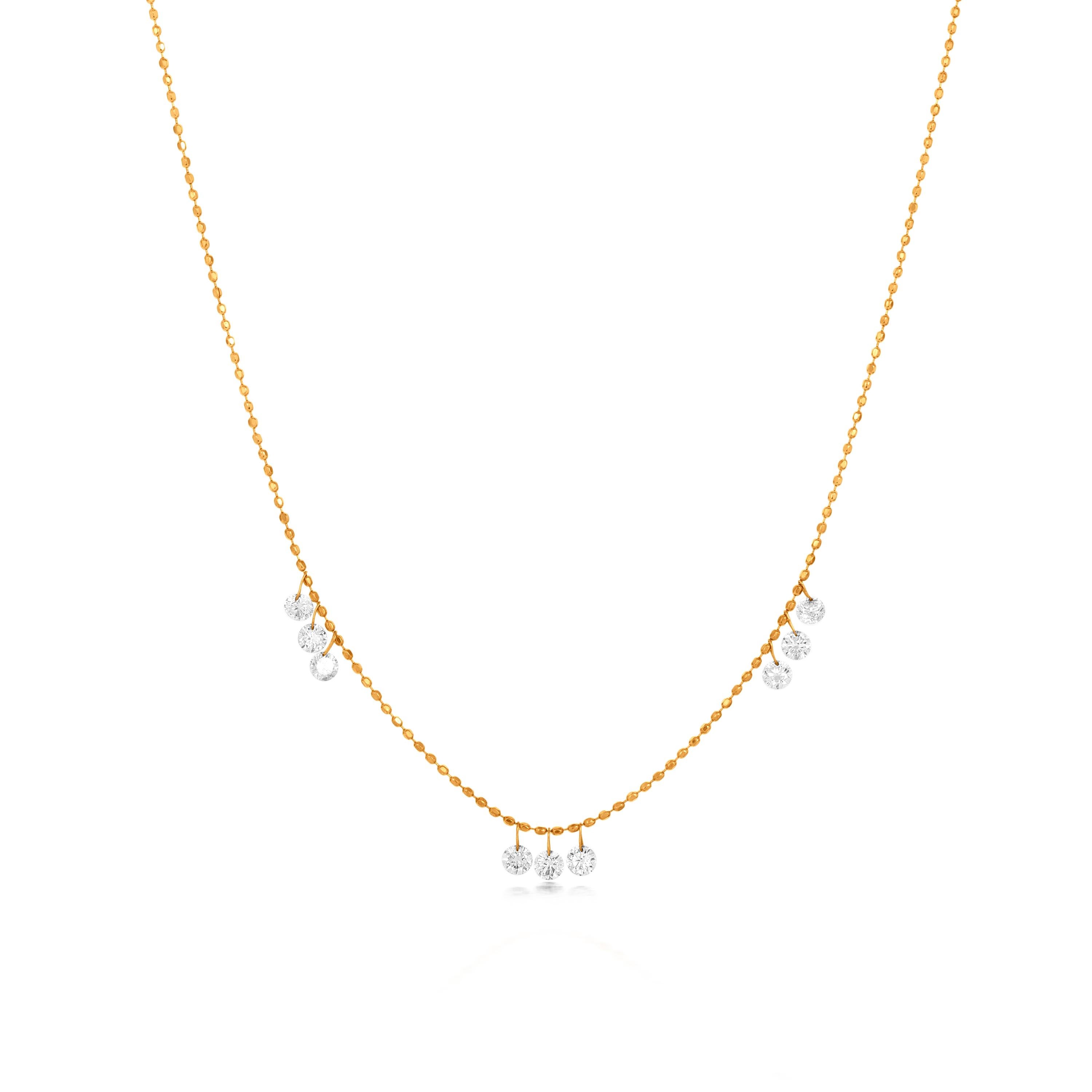 Diese Luxle 0,50 Karat Frontal-Diamant-Halskette ist mit 9 tropfenförmigen Motiven aus runden weißen Diamanten im Vollschliff in 3 Gruppen gefertigt. Die runden Diamanten hängen an einer Perlenkette aus 18 Karat Gelbgold. Diese goldene Perlenkette