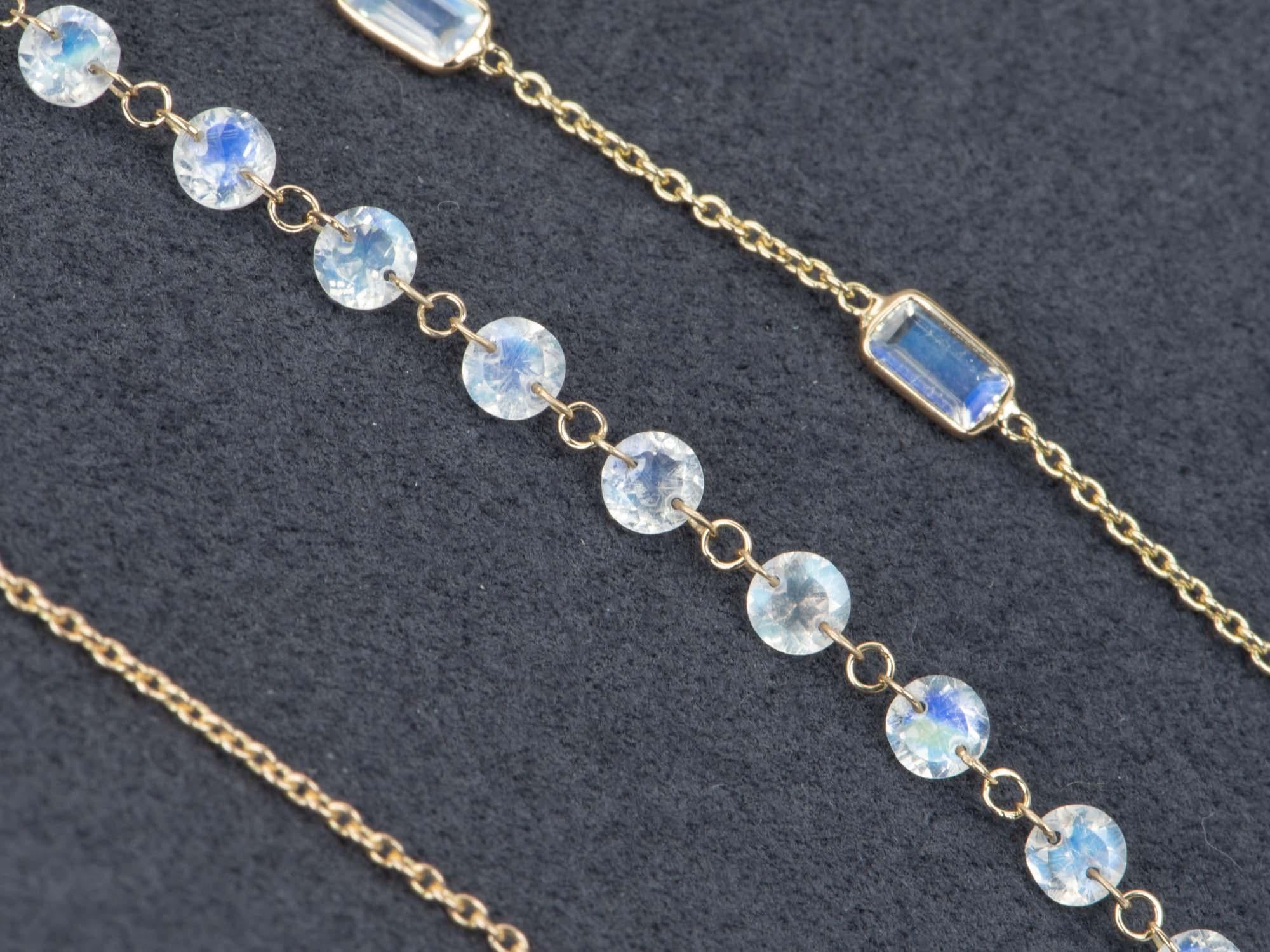 Drilled Rainbow Moonstone Dainty Necklace 14k Gold R4153 For Sale 2