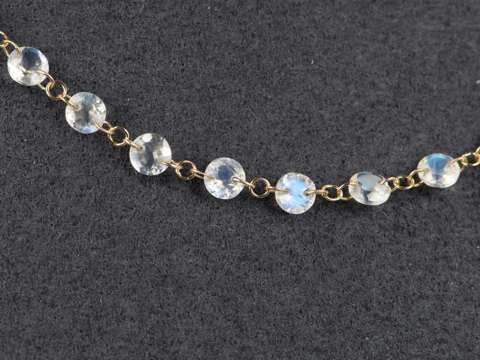 Drilled Rainbow Moonstone Dainty Necklace 14k Gold R4153 For Sale 3