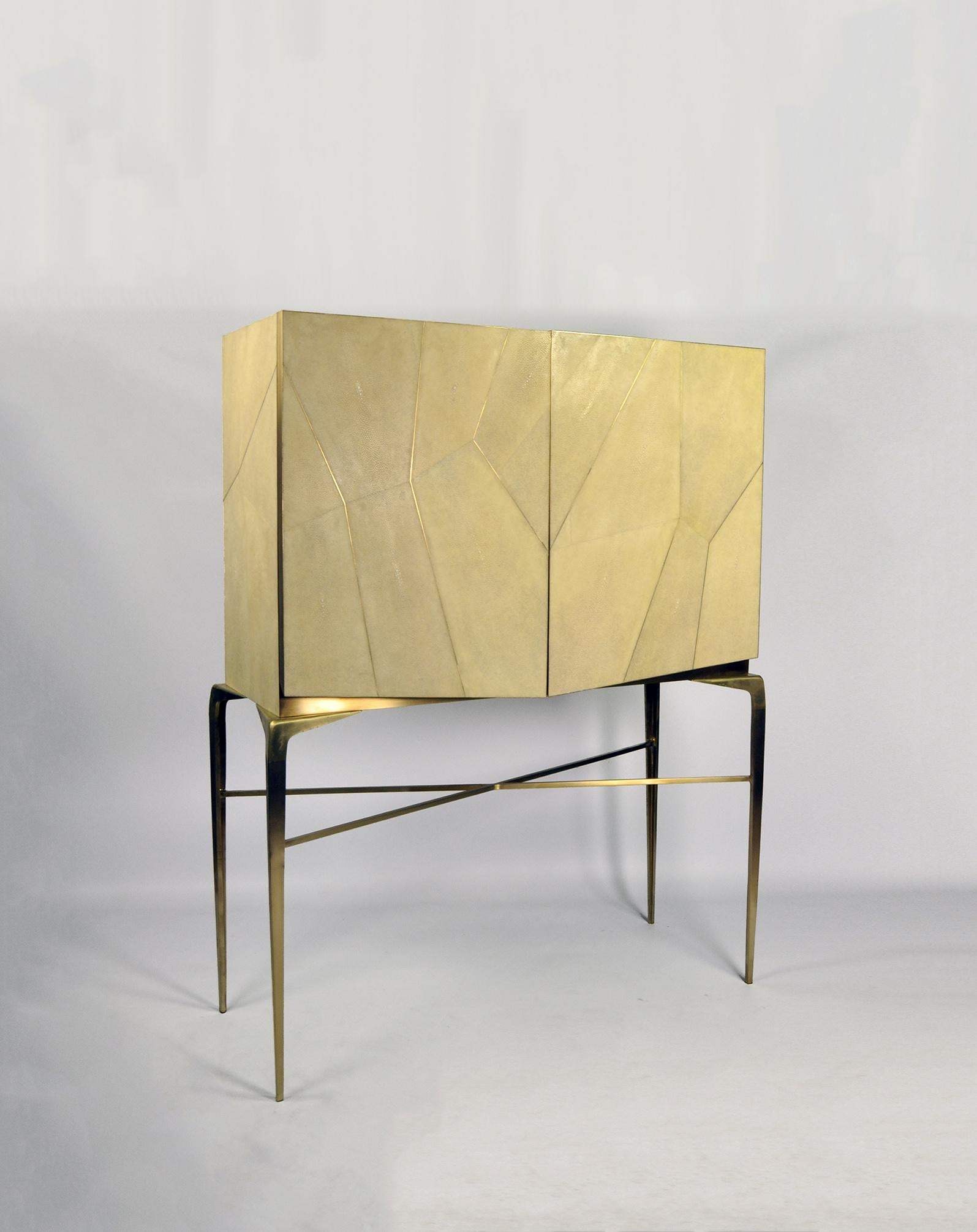 Modern Drink Cabinet Hydra in Genuine Shagreen and Brass by Ginger Brown