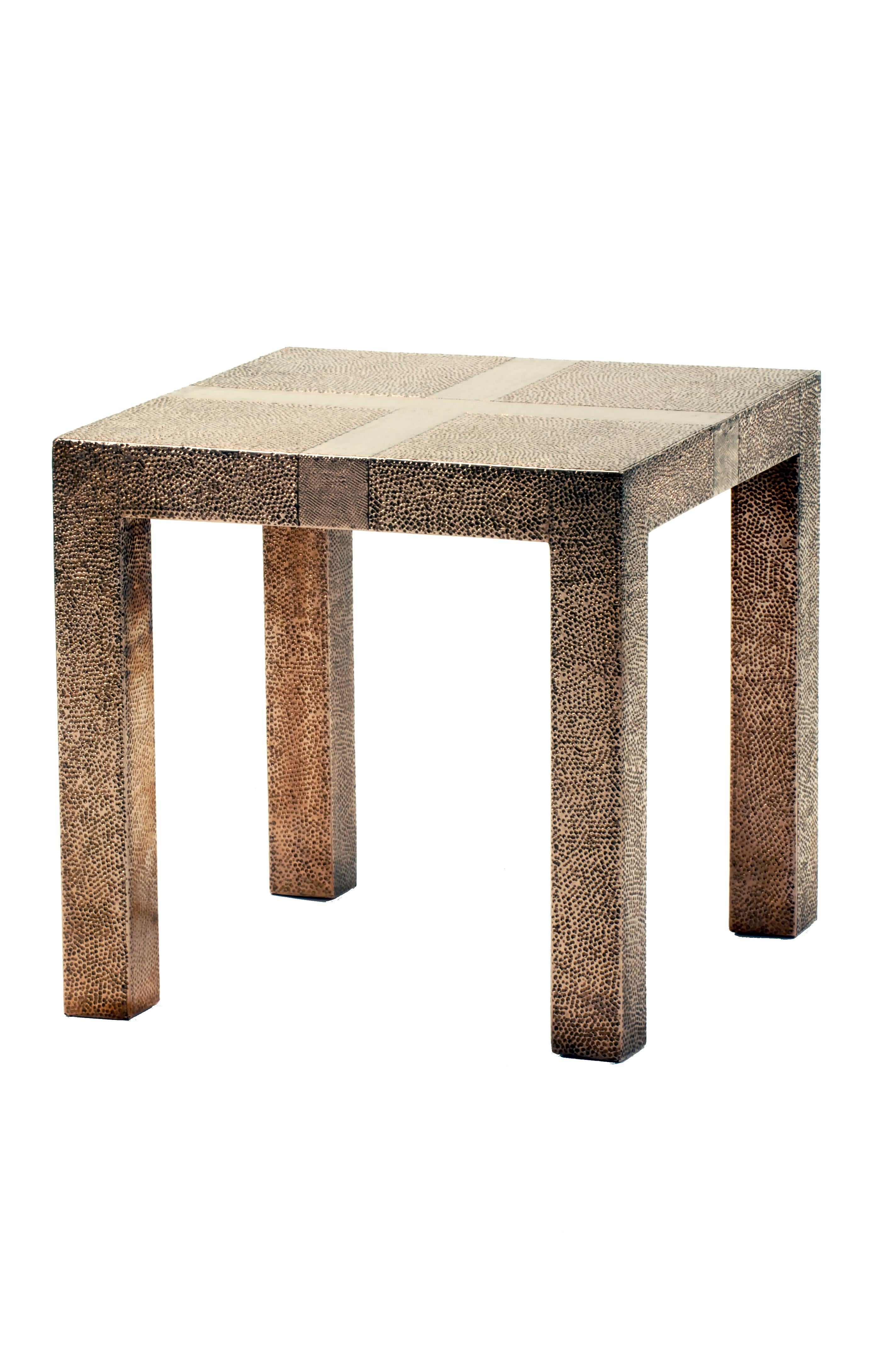 Hand-Carved Square Drink Table Metal Clad Over MDF Handcrafted in India by Alison Spear For Sale