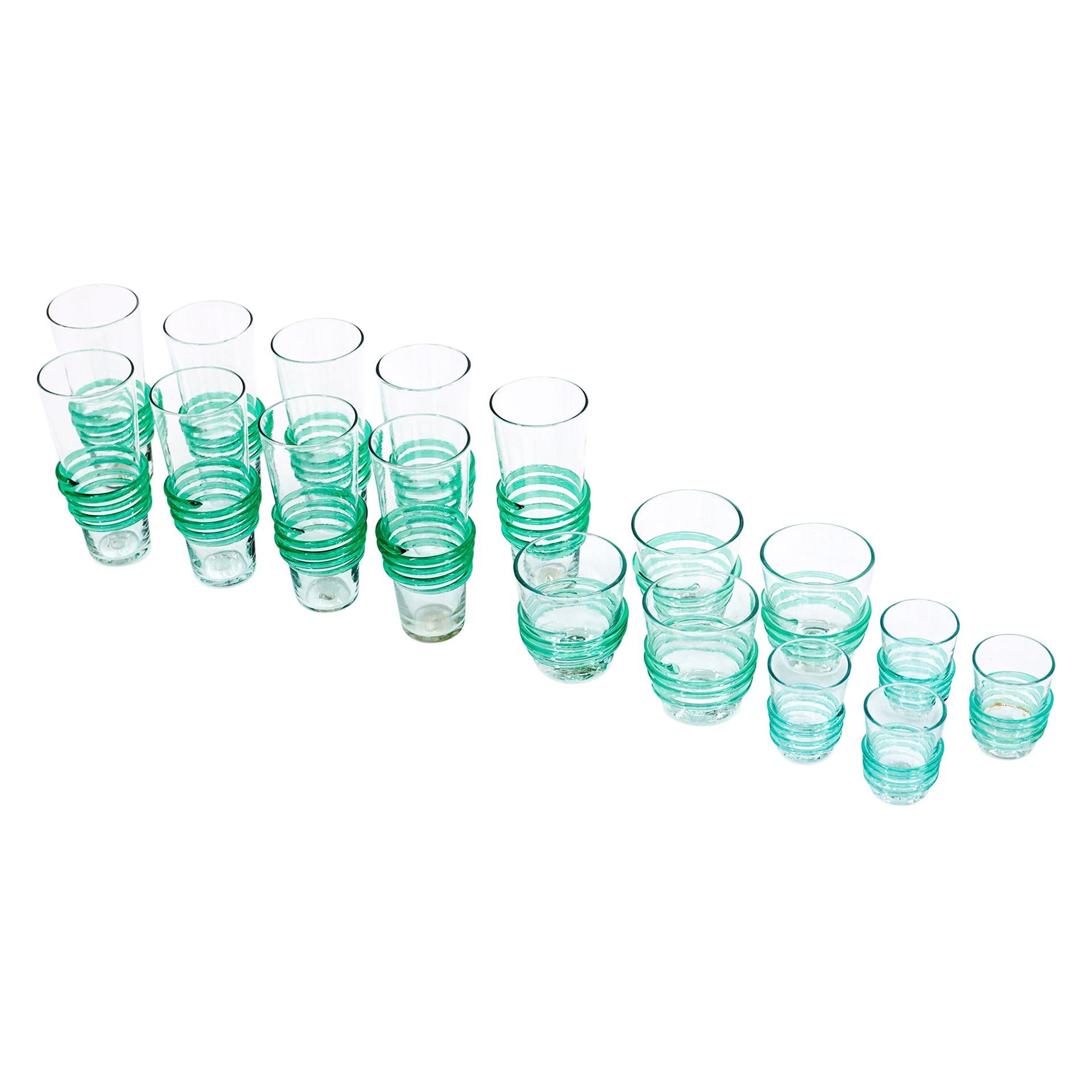 Drinking, Cocktail, and Shot Glasses by Blenko, 1950s, Blown Clear 
Green Glass