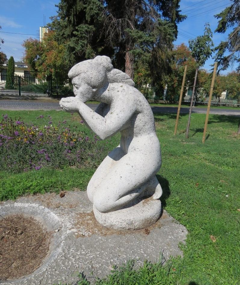 This piece is of Kucs's most famoues sculptures a small version of alarge outdoor sculpture located in Szentendre, Hungary. This small drinking nude sculpture of limestone, was made in the 1960s, the original outdoor one was erected in 1965. Great
