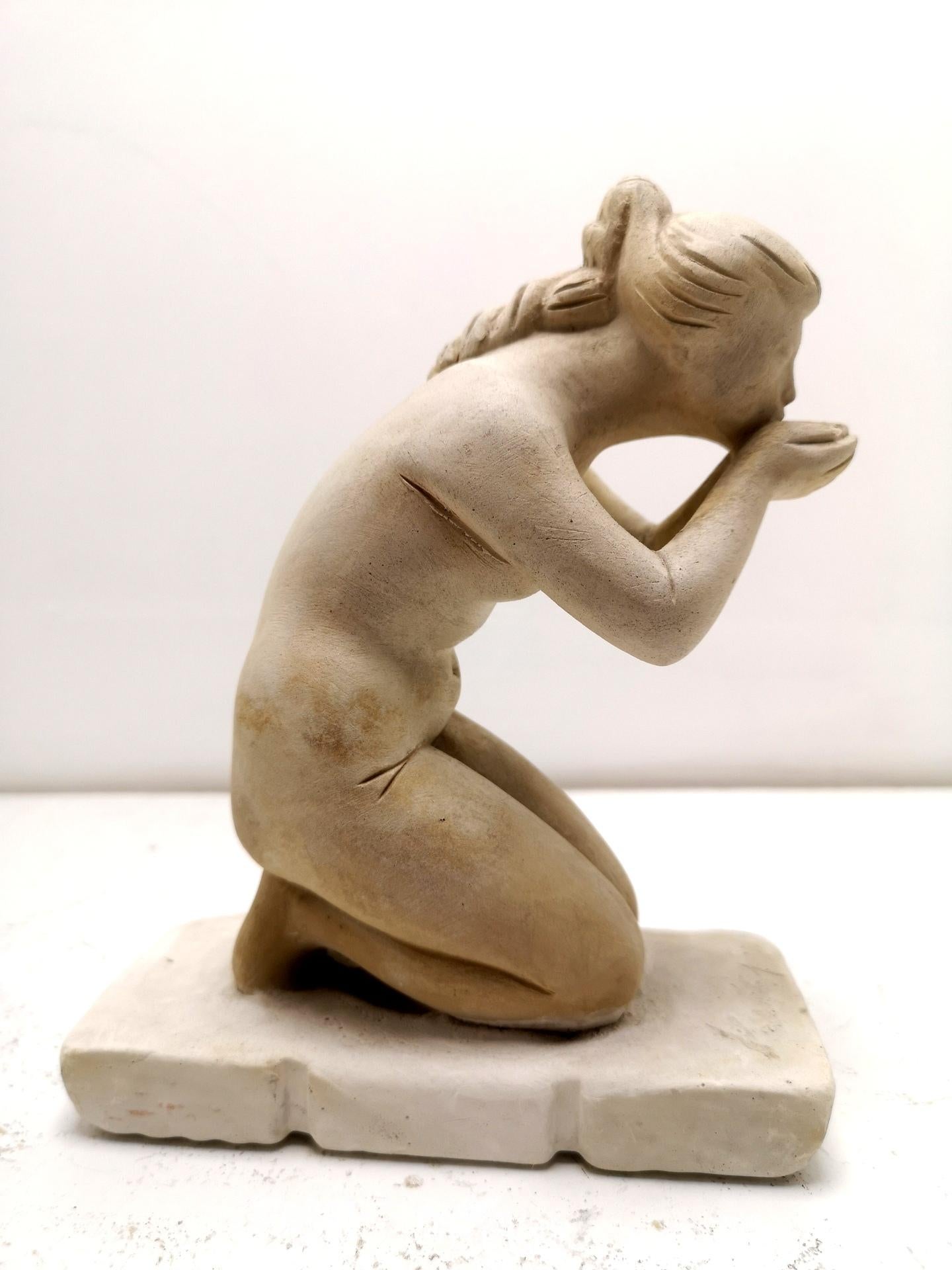 Art Deco Drinking Girl Sculpture of Limestone, by Bela Kucs, 1960
