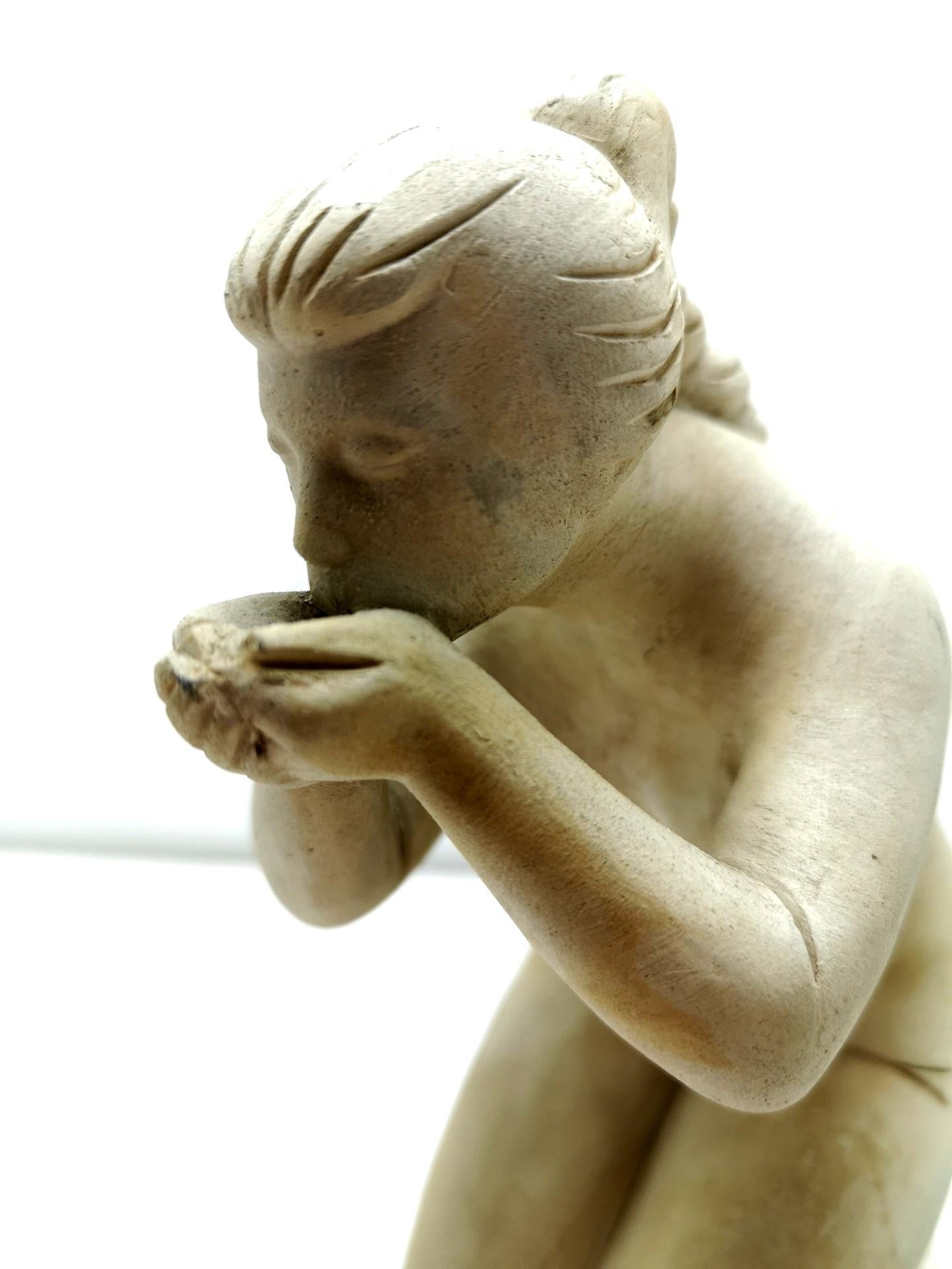 Drinking Girl Sculpture of Limestone, by Bela Kucs, 1960 In Good Condition In Budapest, HU