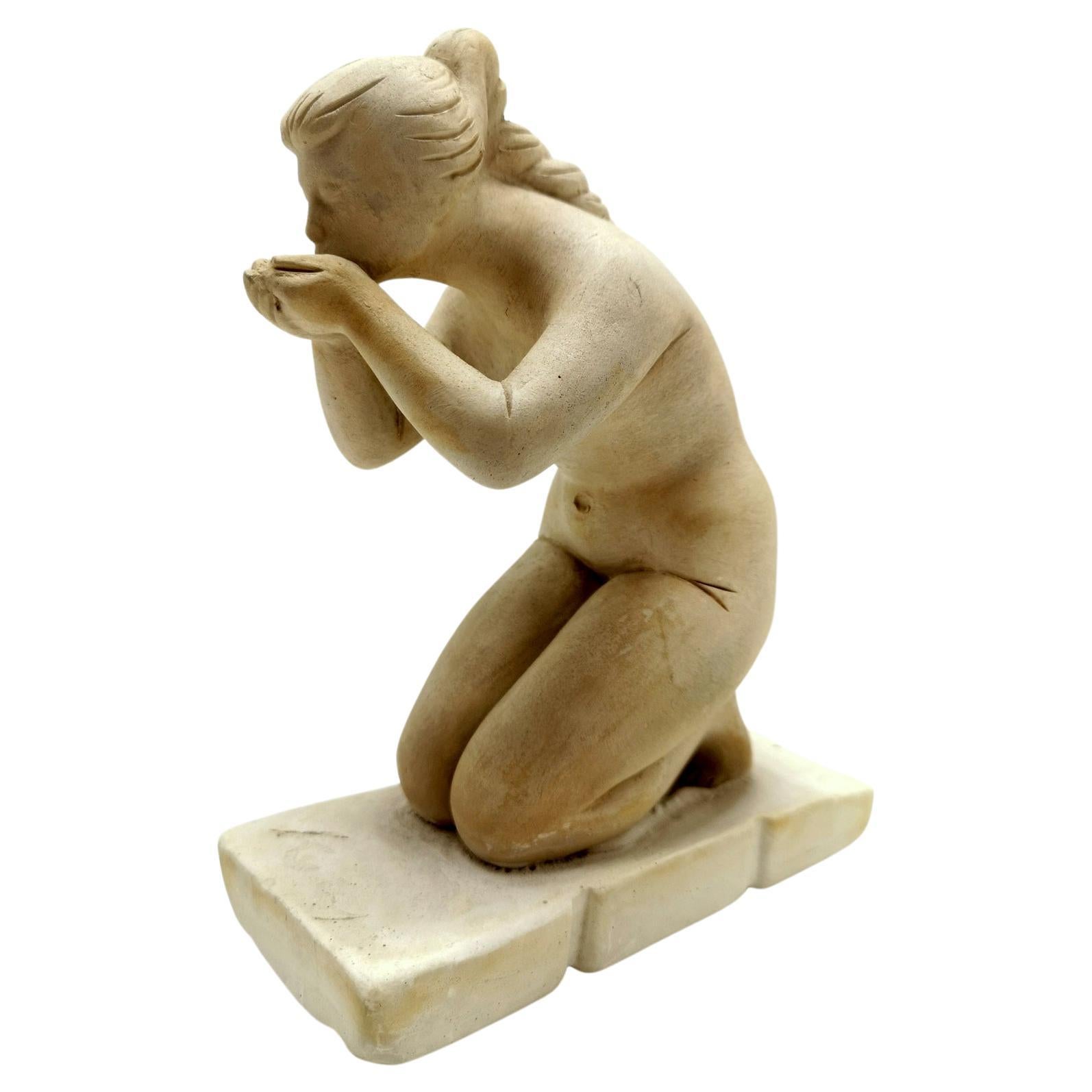 Drinking Girl Sculpture of Limestone, by Bela Kucs, 1960