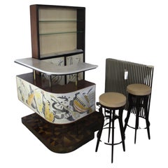Vintage drinks cabinet italian rare with 2 footstool with incredible marqueterie