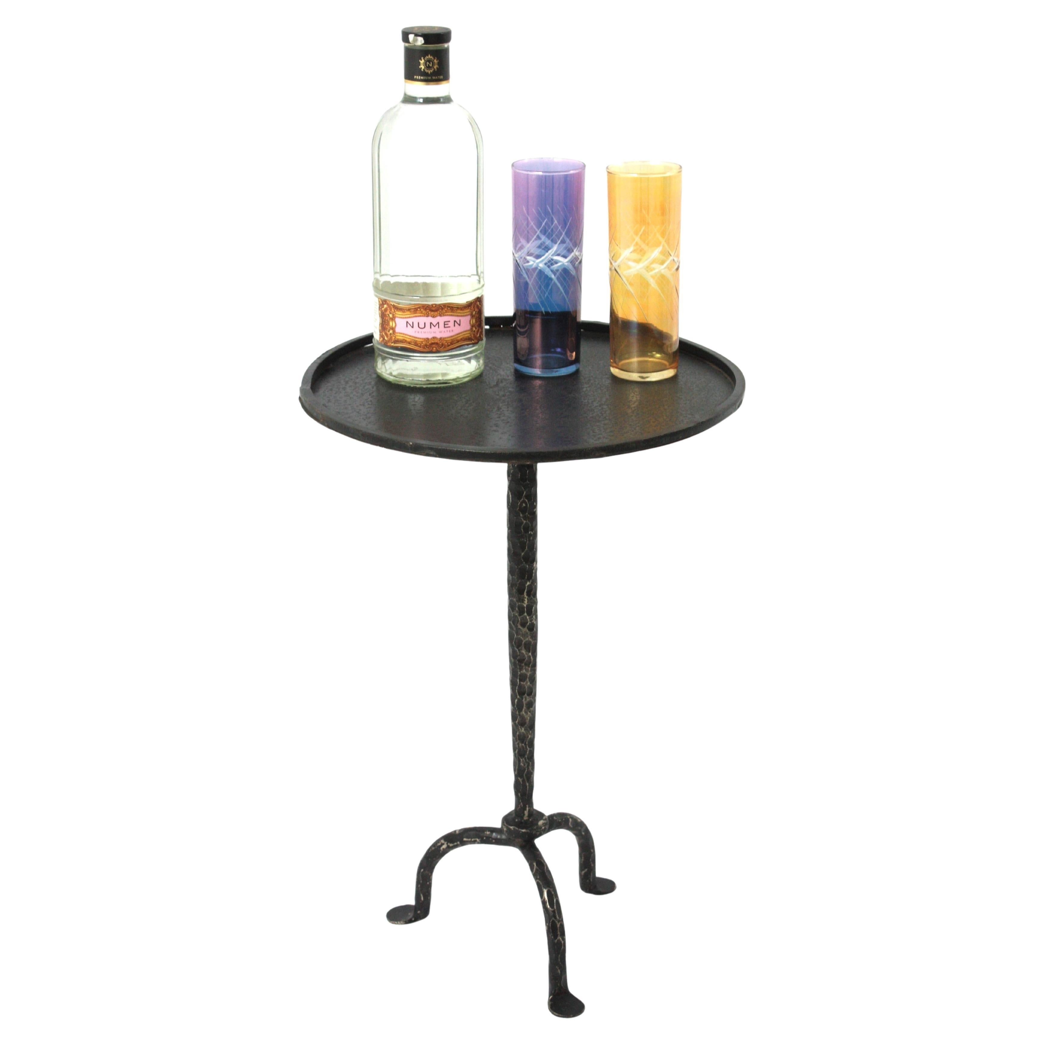 Drinks Side Table / Gueridon in Wrought Iron, Parcel-Silvered, Hammered, 1940s For Sale