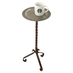 Mesa de Bebidas / Mesa Auxiliar / Gueridón de Hierro Dorado con Tapa de Metal, España Años 50