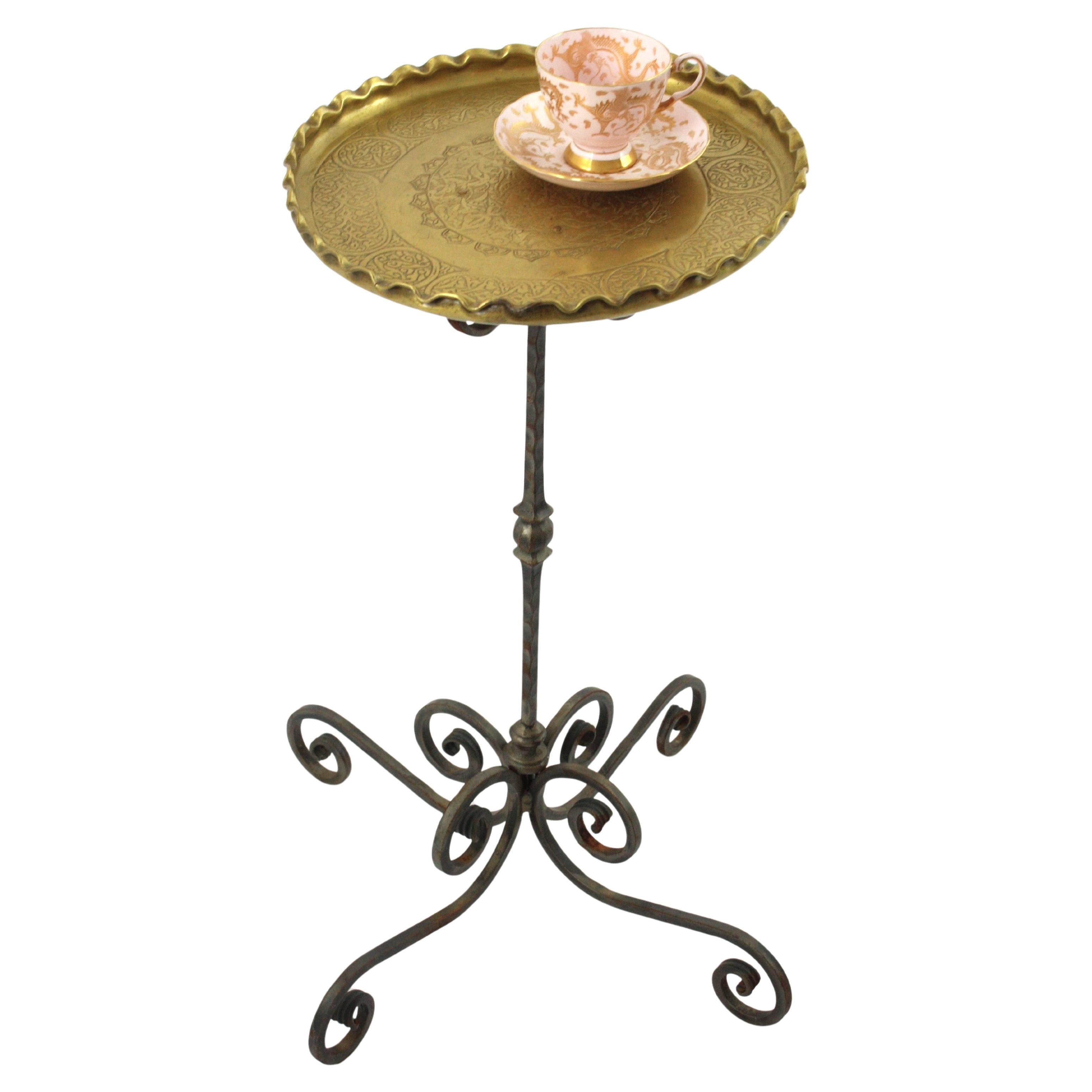 Drinks Table / Side Table / Gueridon in Iron with Filigree Brass Top, 1950 For Sale