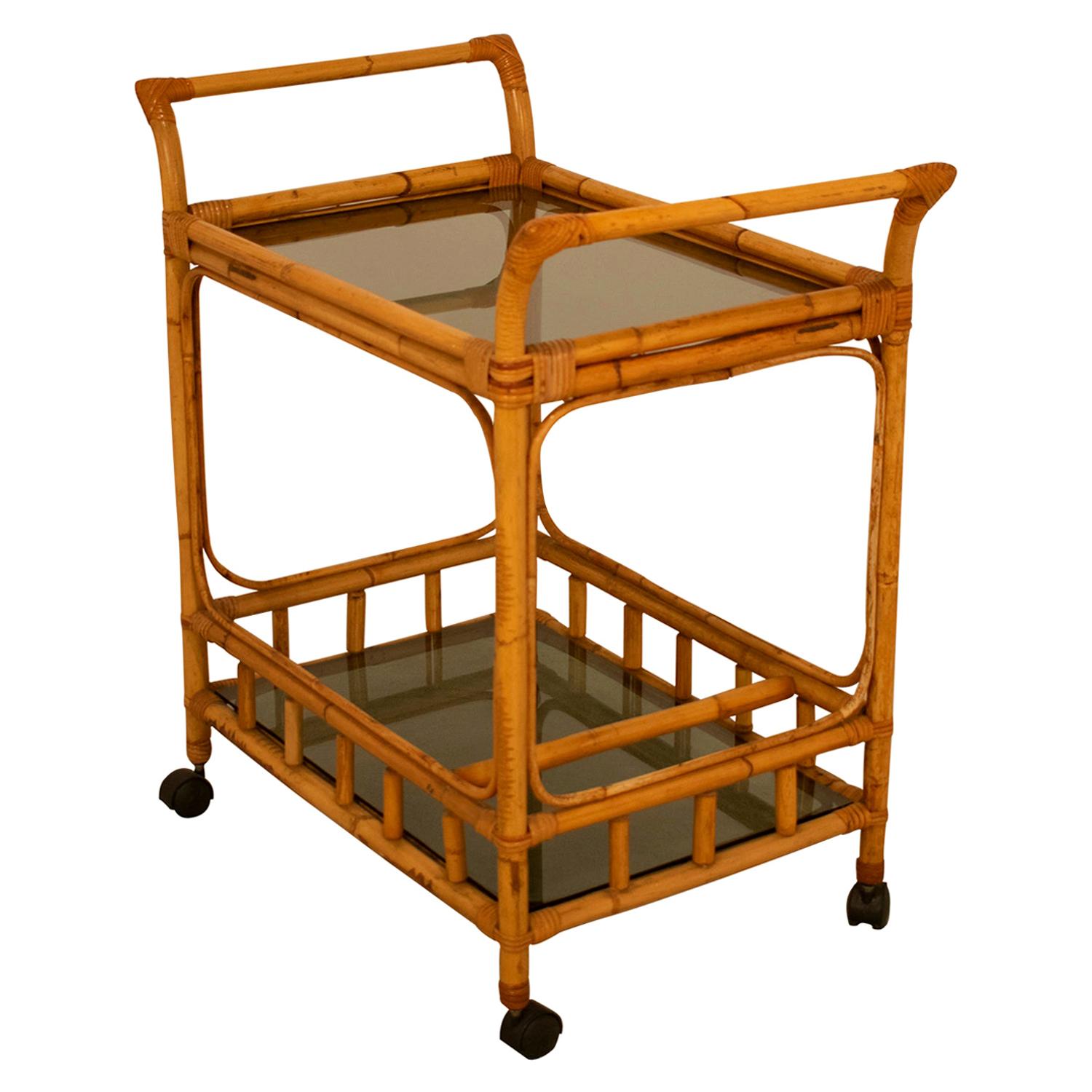 Bar Cart Drinks Trolley Bamboo and Glass, Spain, 1970s