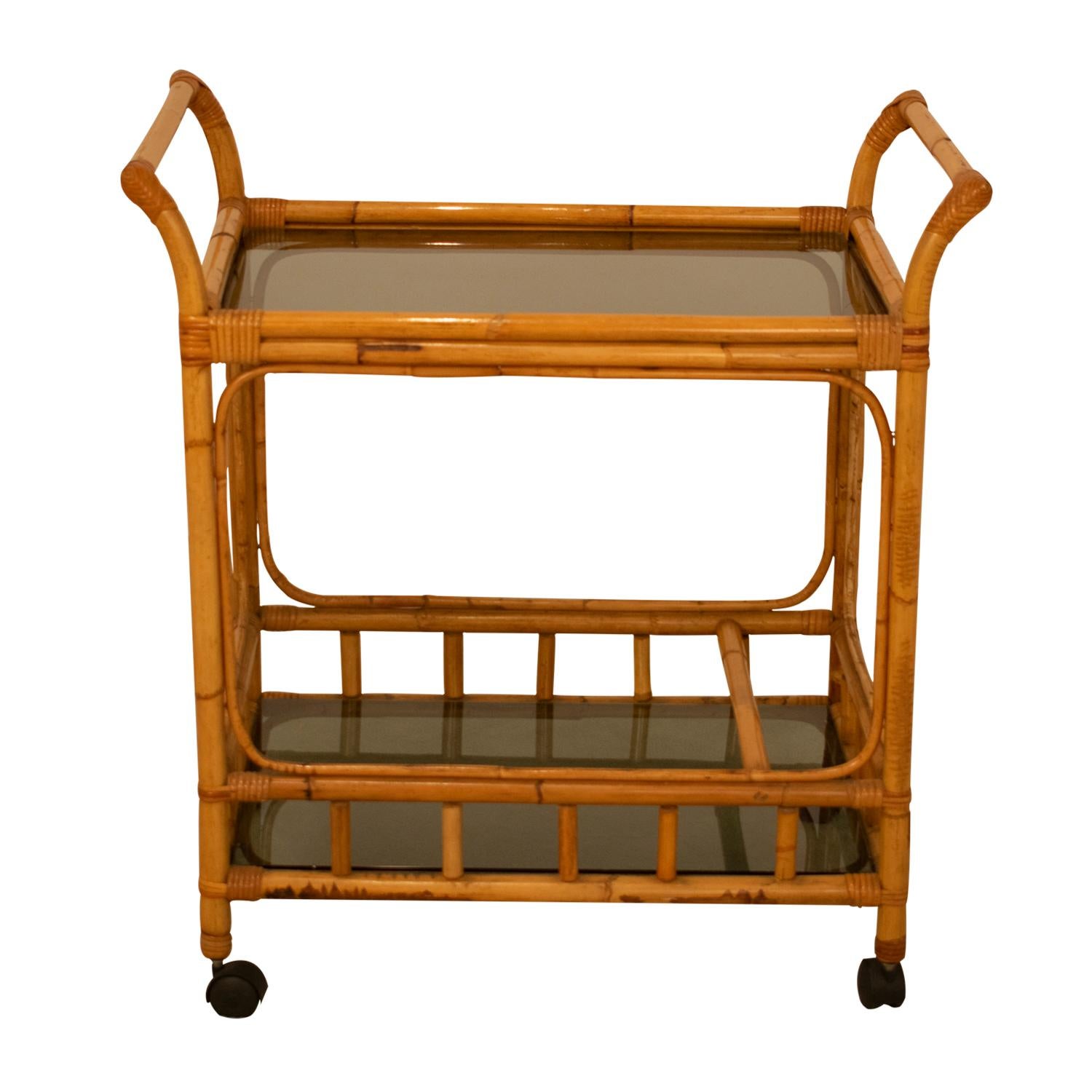 Bamboo and translucent glass drinks trolley in gray, Spanish, 1970s.