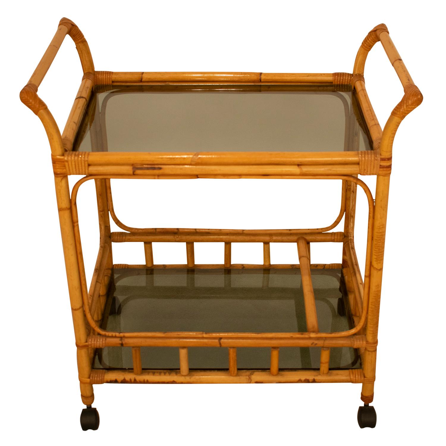 Modern Bar Cart Drinks Trolley Bamboo and Glass, Spain, 1970s