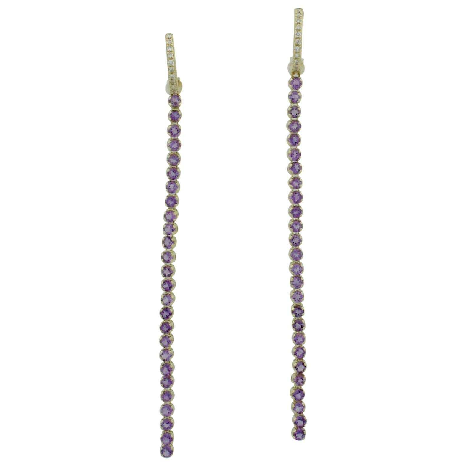 "Drip Drip" Dangling Amethyst and Diamond Earrings in Yellow Gold