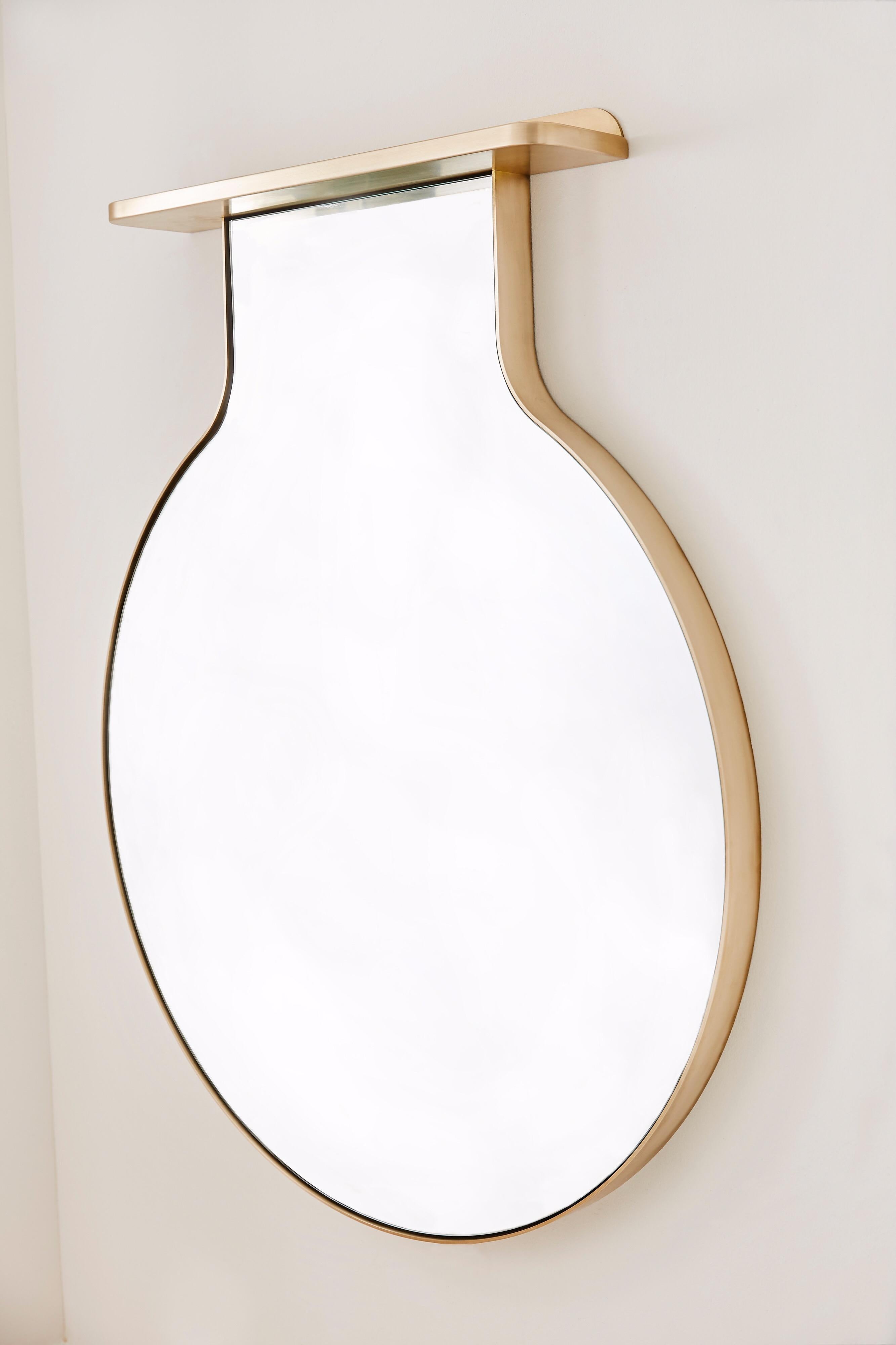 Contemporary “Drip Drop Mirror”, Minimalist Brushed Bronze Wall Mirror with Shelving For Sale