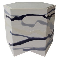 Drip/Fold Side Table, Ash Plywood with Indigo Resin White Leather Top, in Stock