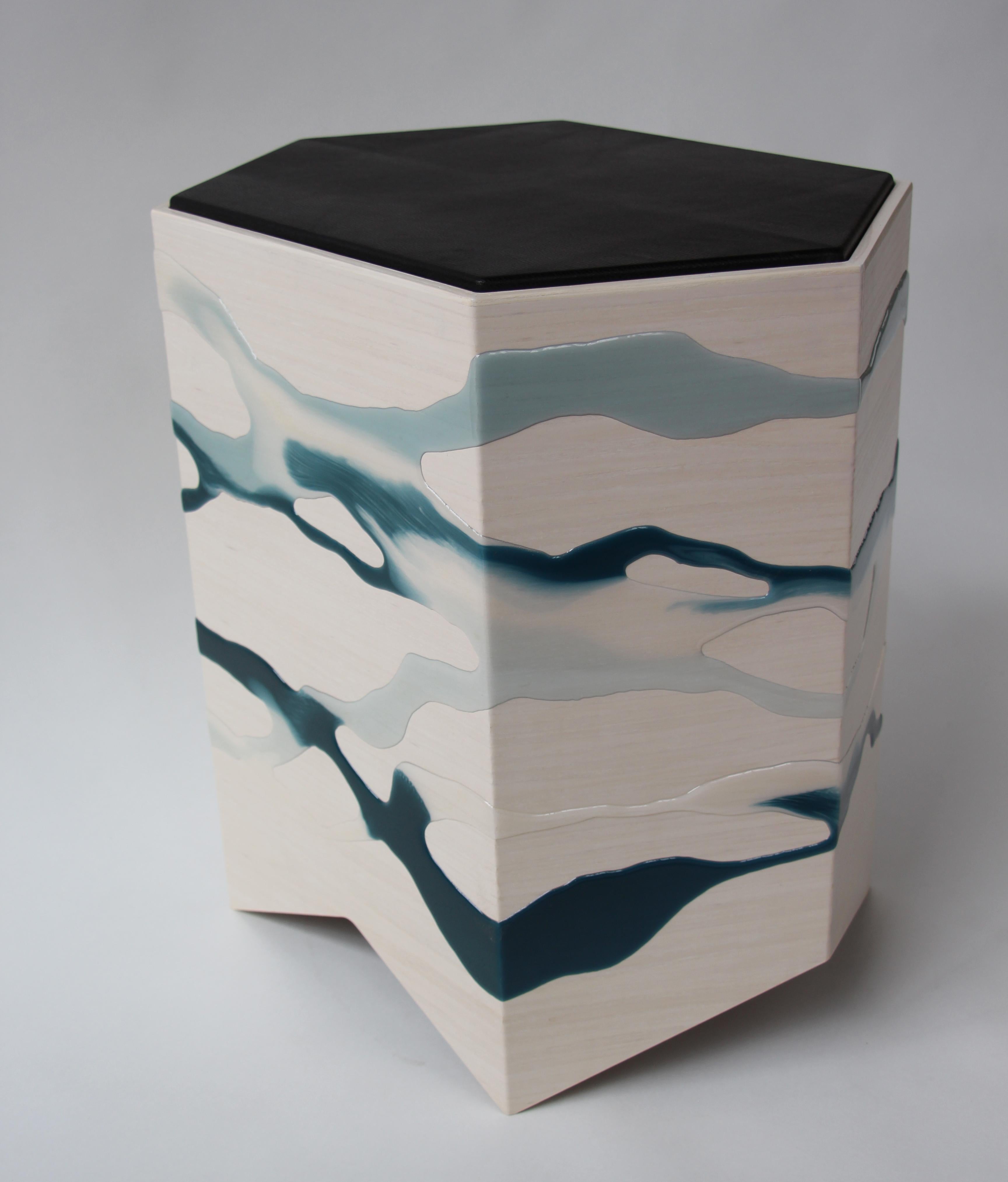 Contemporary Drip/Fold Side Table Ash Plywood, Teal-Indigo Resin Black Vinyl Top - IN STOCK For Sale