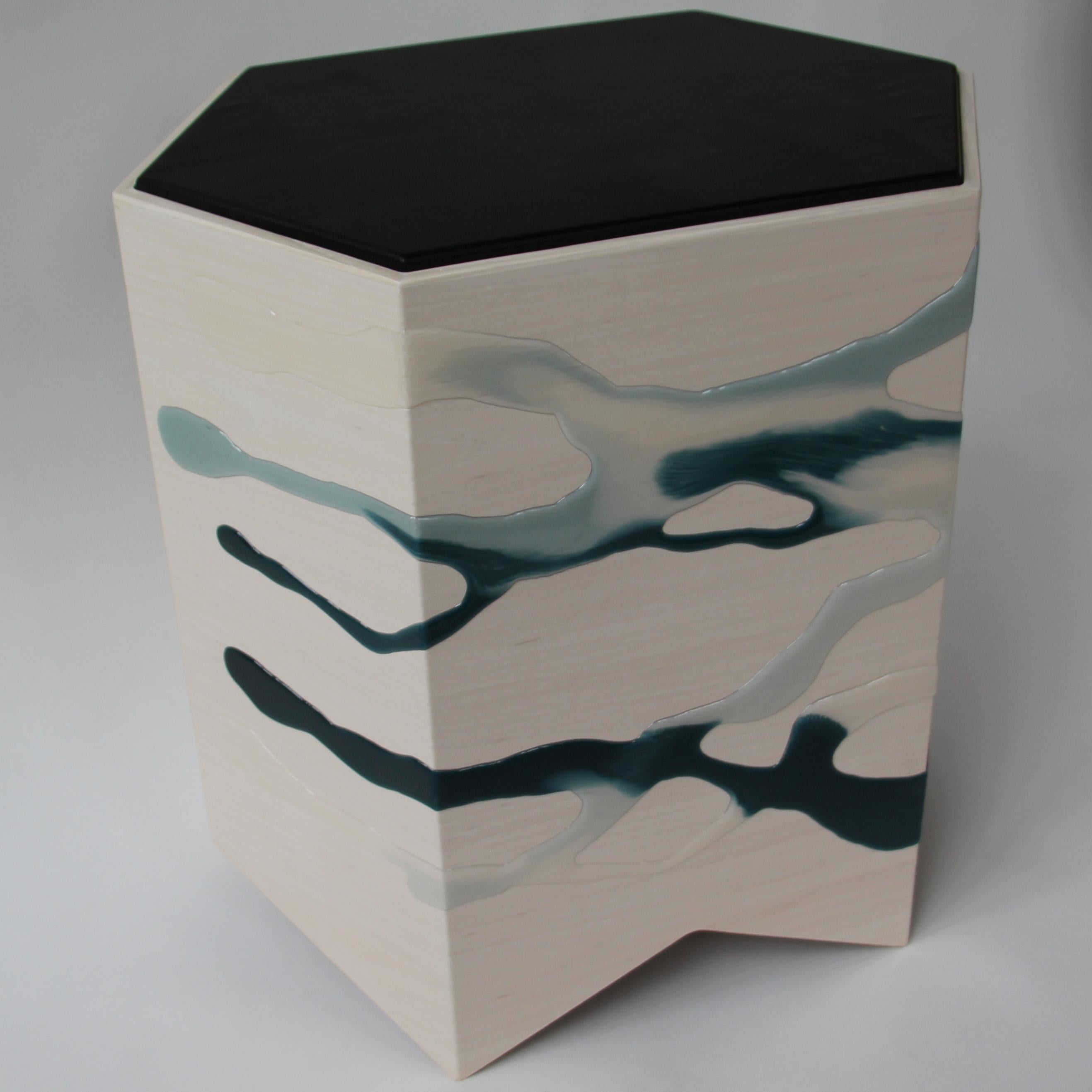 Drip/Fold Side Table Ash Plywood, Teal-Indigo Resin Black Vinyl Top - IN STOCK For Sale 1