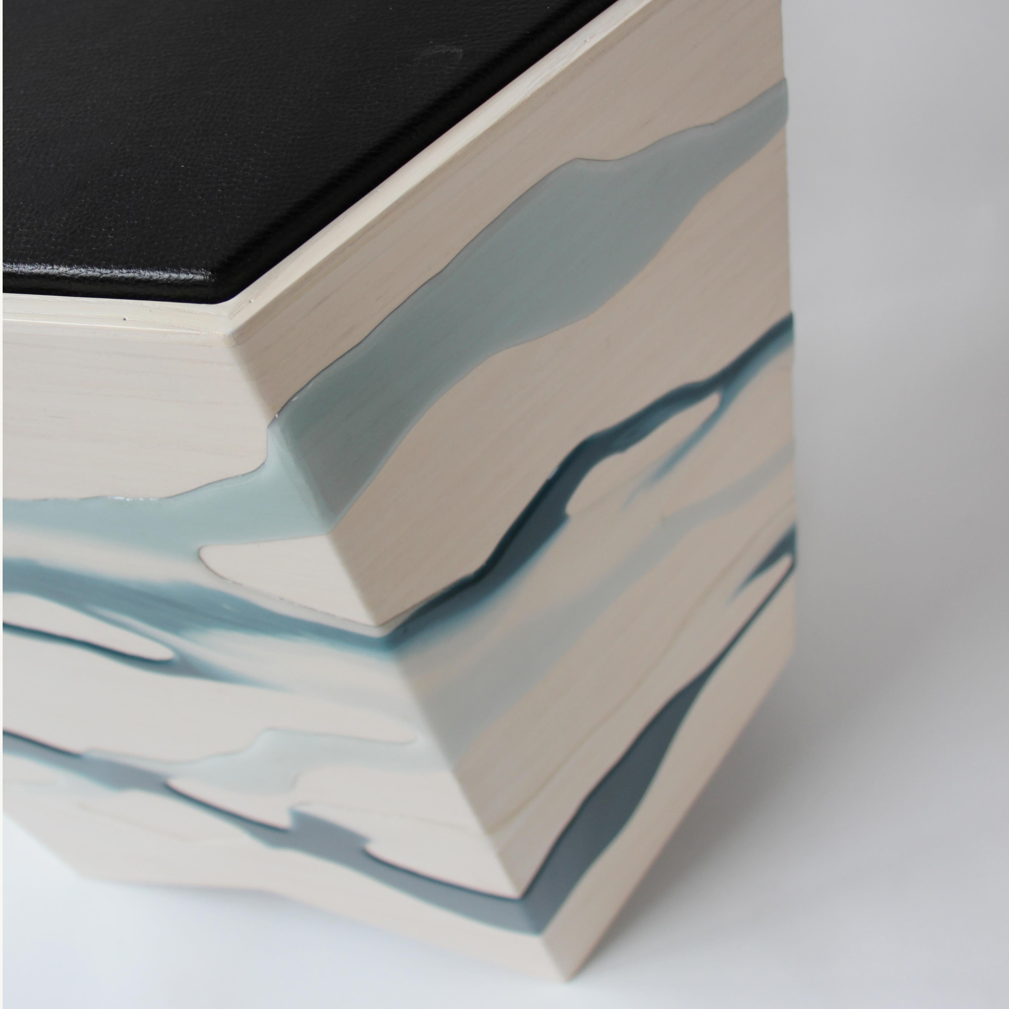 Organic Modern Drip/Fold Side Table Ash Plywood, Teal-Indigo Resin Black Vinyl Top - IN STOCK For Sale