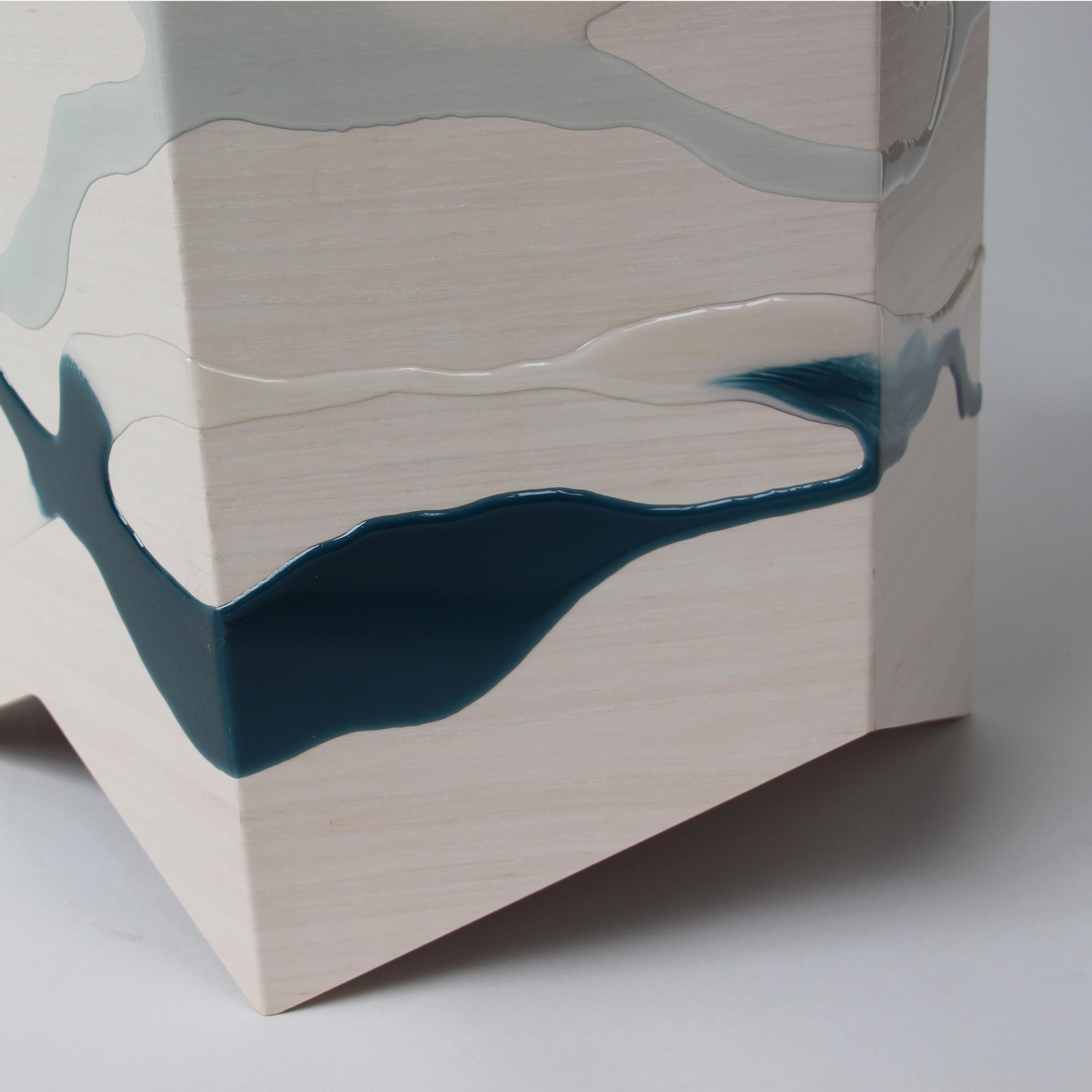 American Drip/Fold Side Table Ash Plywood, Teal-Indigo Resin Black Vinyl Top - IN STOCK For Sale