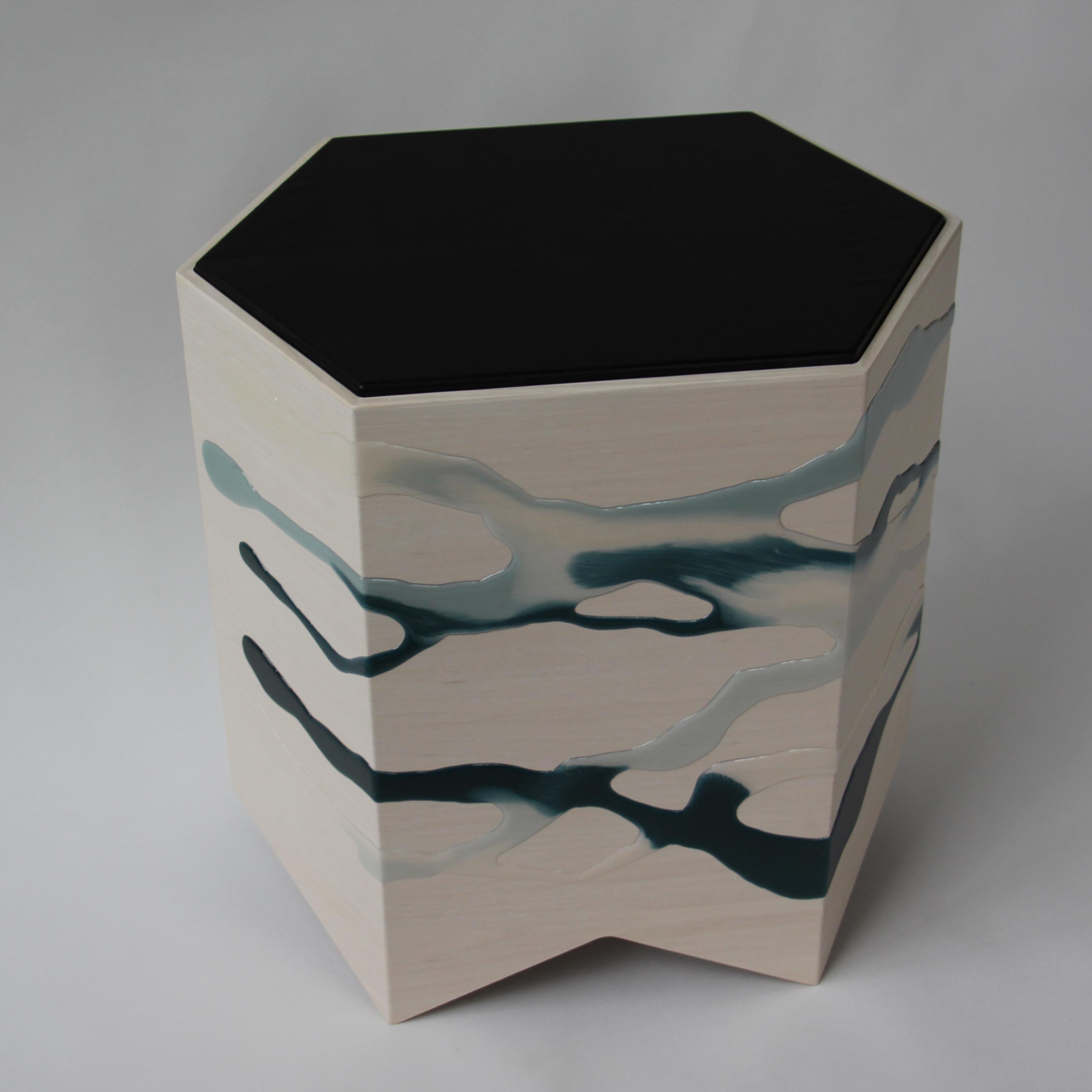 Glazed Drip/Fold Side Table Ash Plywood, Teal-Indigo Resin Black Vinyl Top - IN STOCK For Sale