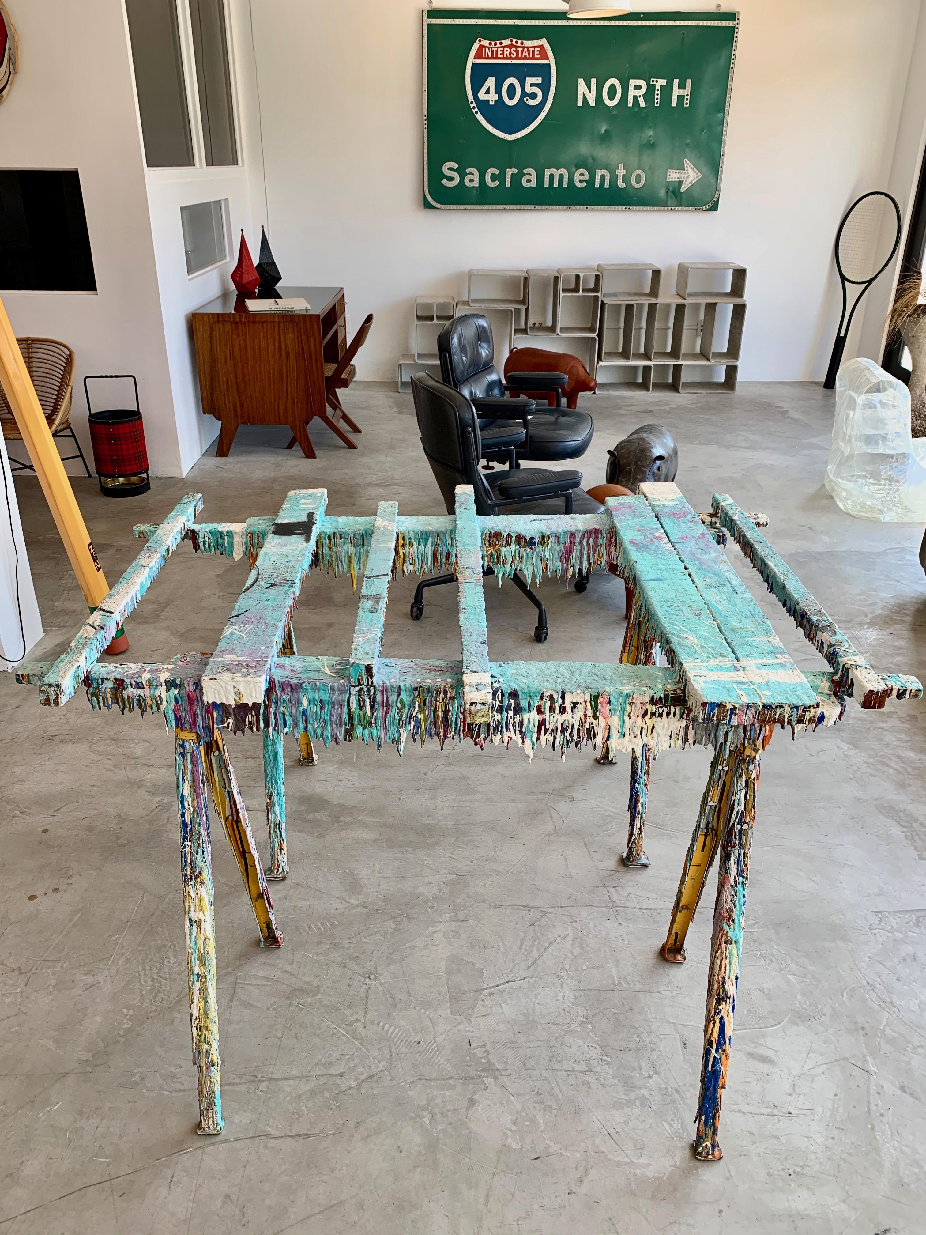 American Drip Paint Saw Horse Table in the Style of Gaetano Pesce For Sale