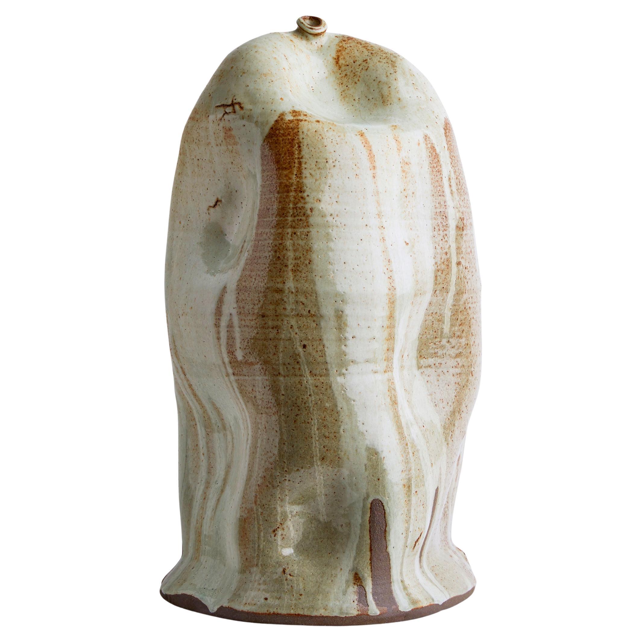 Dripped White Brown Creme Tall Handmade California Ceramic, Interior Sculpture For Sale