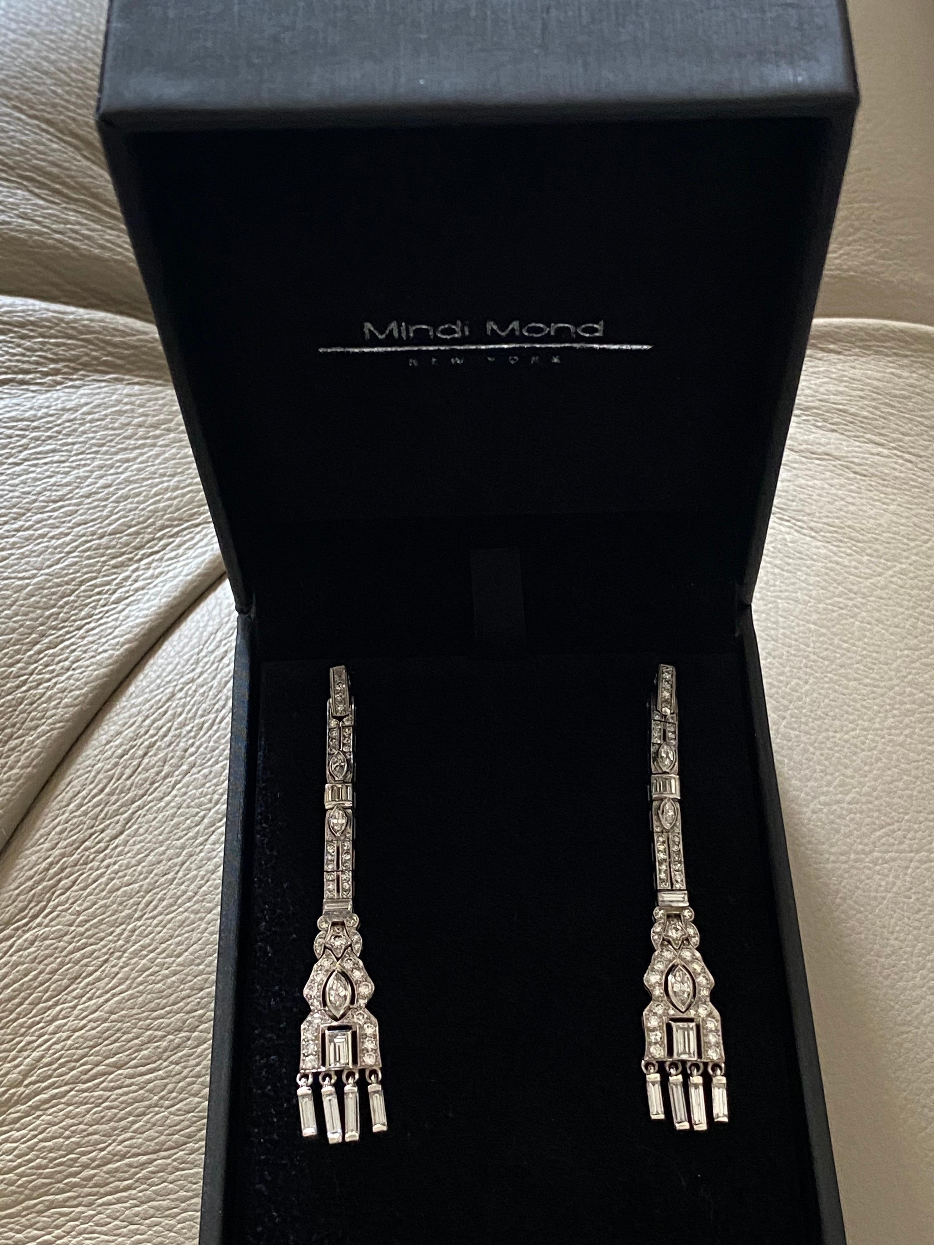 Mindi Mond 3.03 Carat Diamond Art Deco Style Platinum Dangle Earrings In Good Condition For Sale In New York, NY