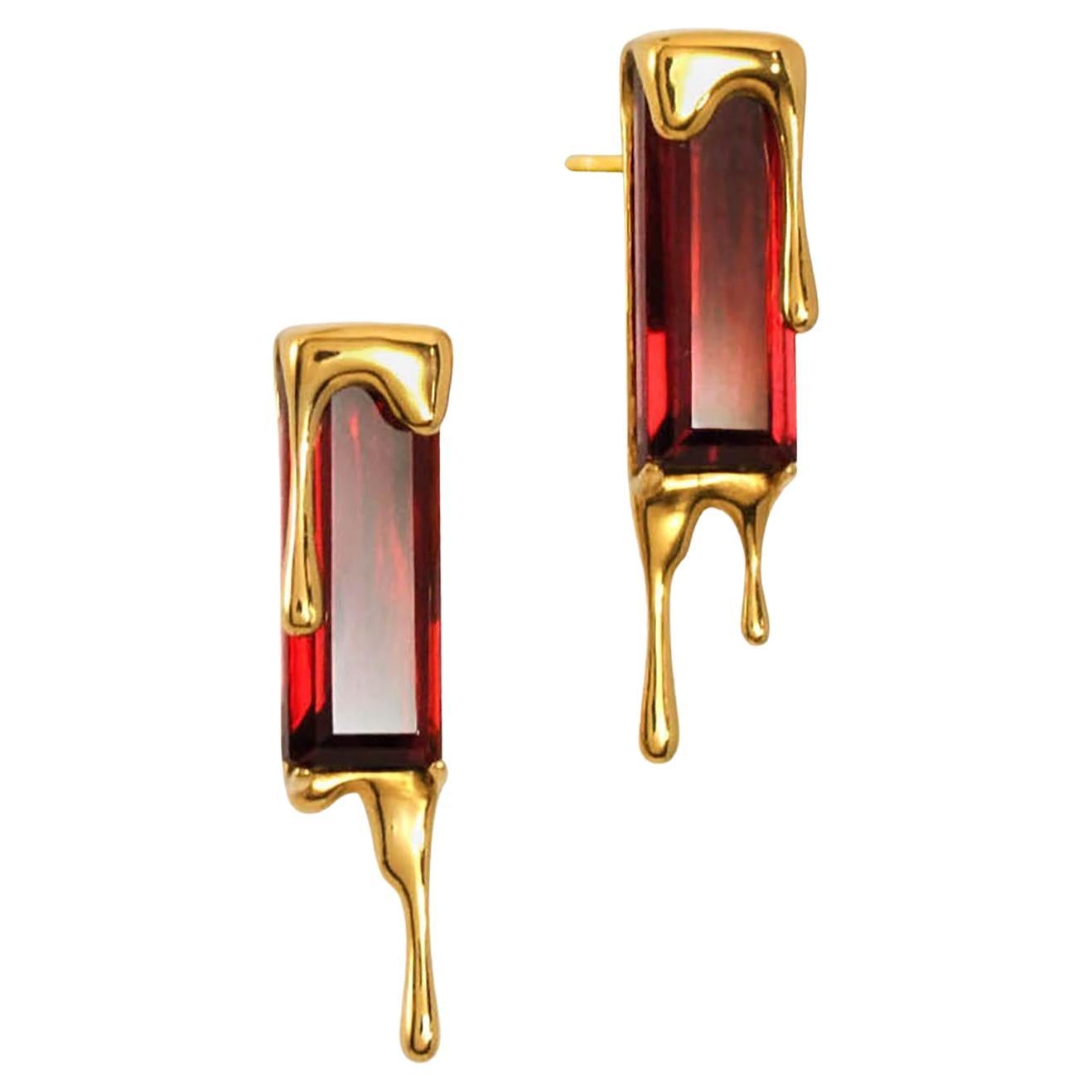 Dripping Garnet Gemstone 24k Gold Vermeil Earrings For Sale