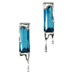 Dripping Blue Zircon Gemstone 14k White Gold Earrings