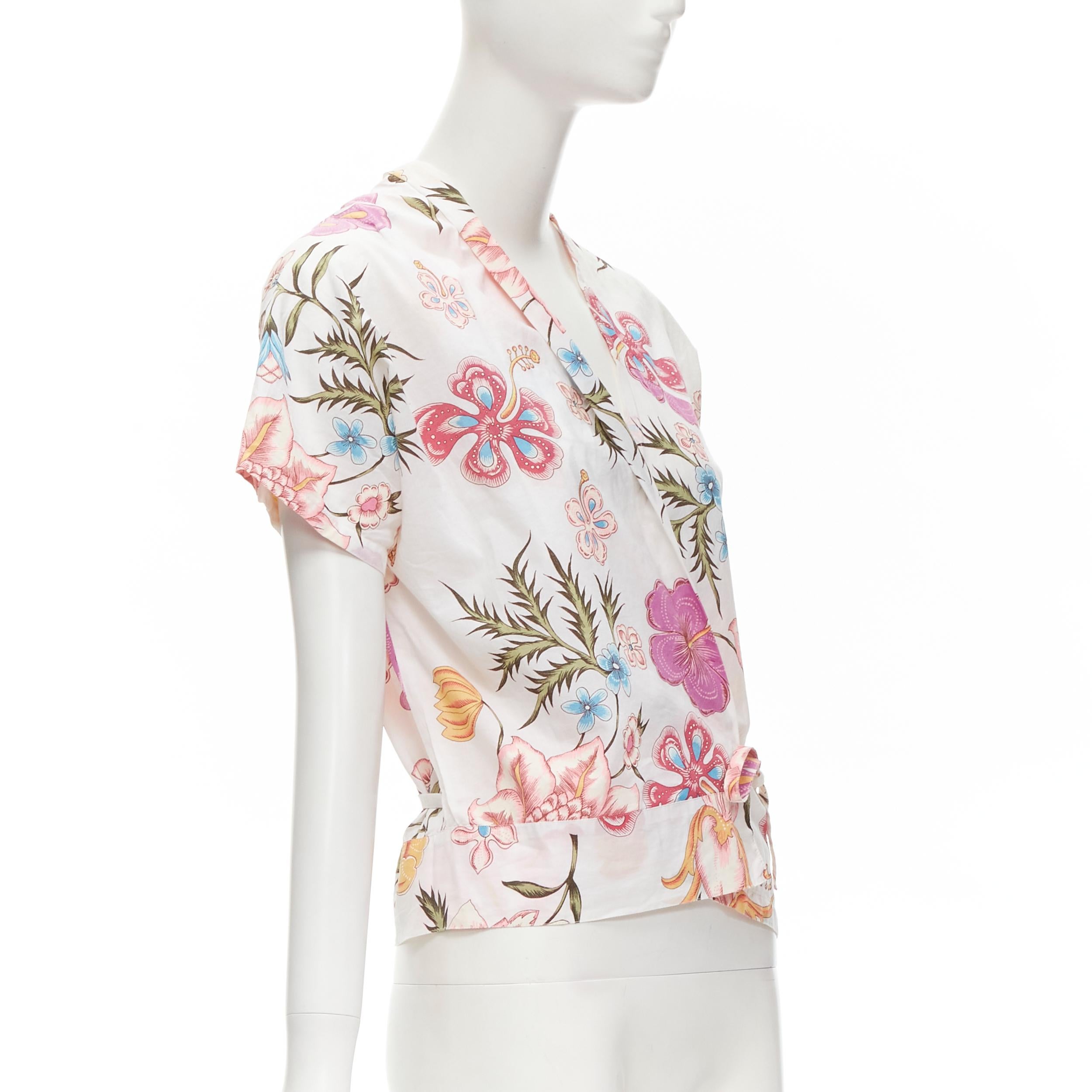 DRIS VAN NOTEN white pink floral print wrap kimono shirt FR38 M In Good Condition In Hong Kong, NT
