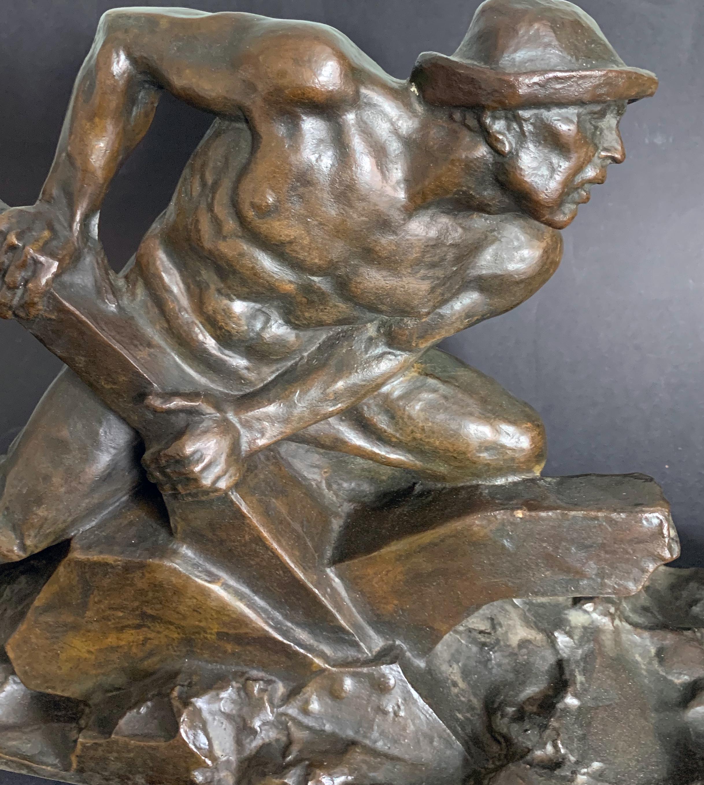 Large and rare, this bronze sculpture depicting a half-nude laborer in the field, straining to move his plow through the soil, was sculpted by Jeanne Bertrand, an important French-American artist whose works are scarce and important. Many sculptors