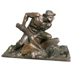 Antique "Driving the Plow, " Large, Powerful Bronze Sculpture with Half-Nude Male Figure