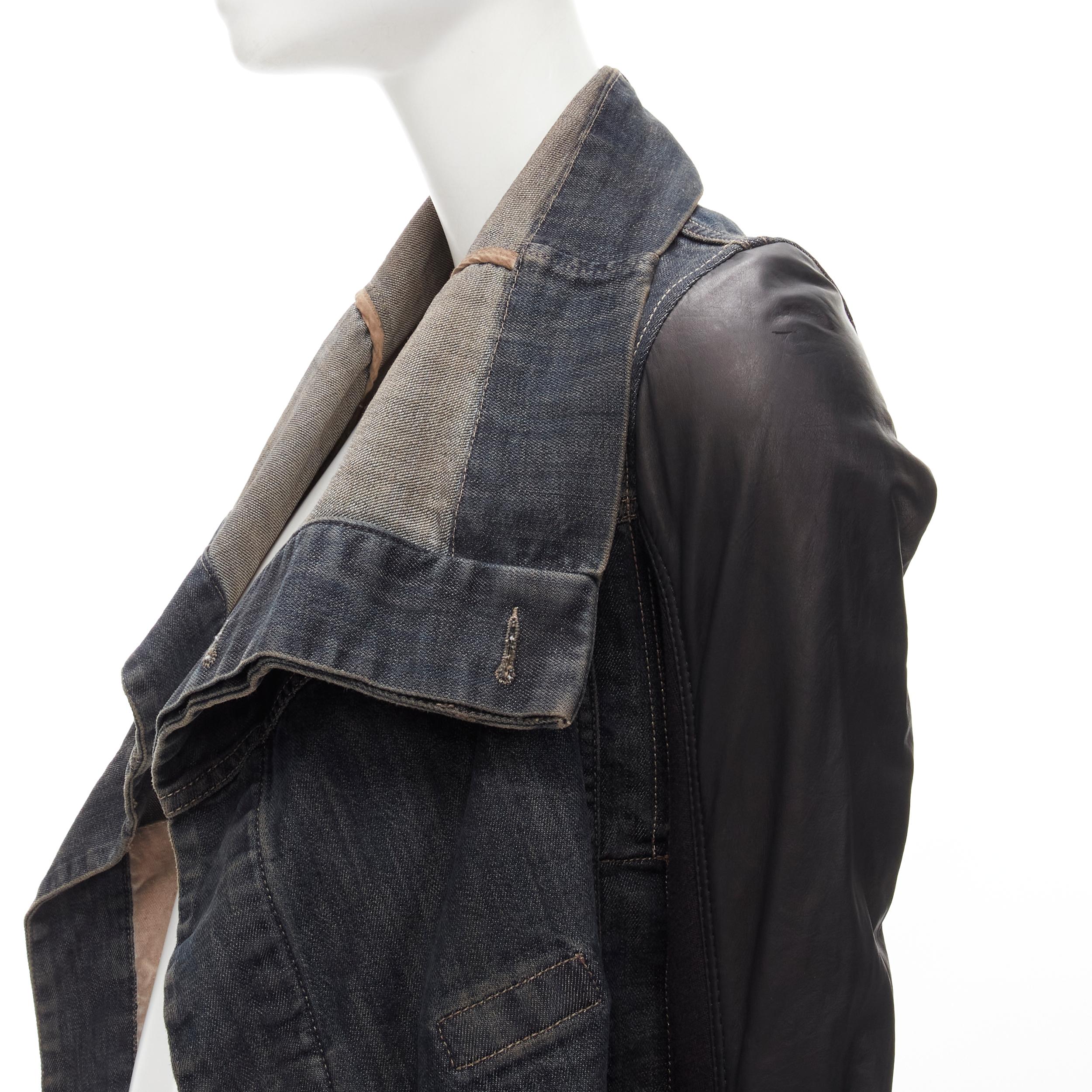DRKSHDW RICK OWENS Vintage Exploder leather sleeve denim wrap biker jacket XS 
Reference: ANWU/A00735 
Brand: Rick Owens 
Material: Denim 
Color: Blue 
Pattern: Solid 
Closure: Button 
Extra Detail: Dark indigo washed denim. Wrapped button front.