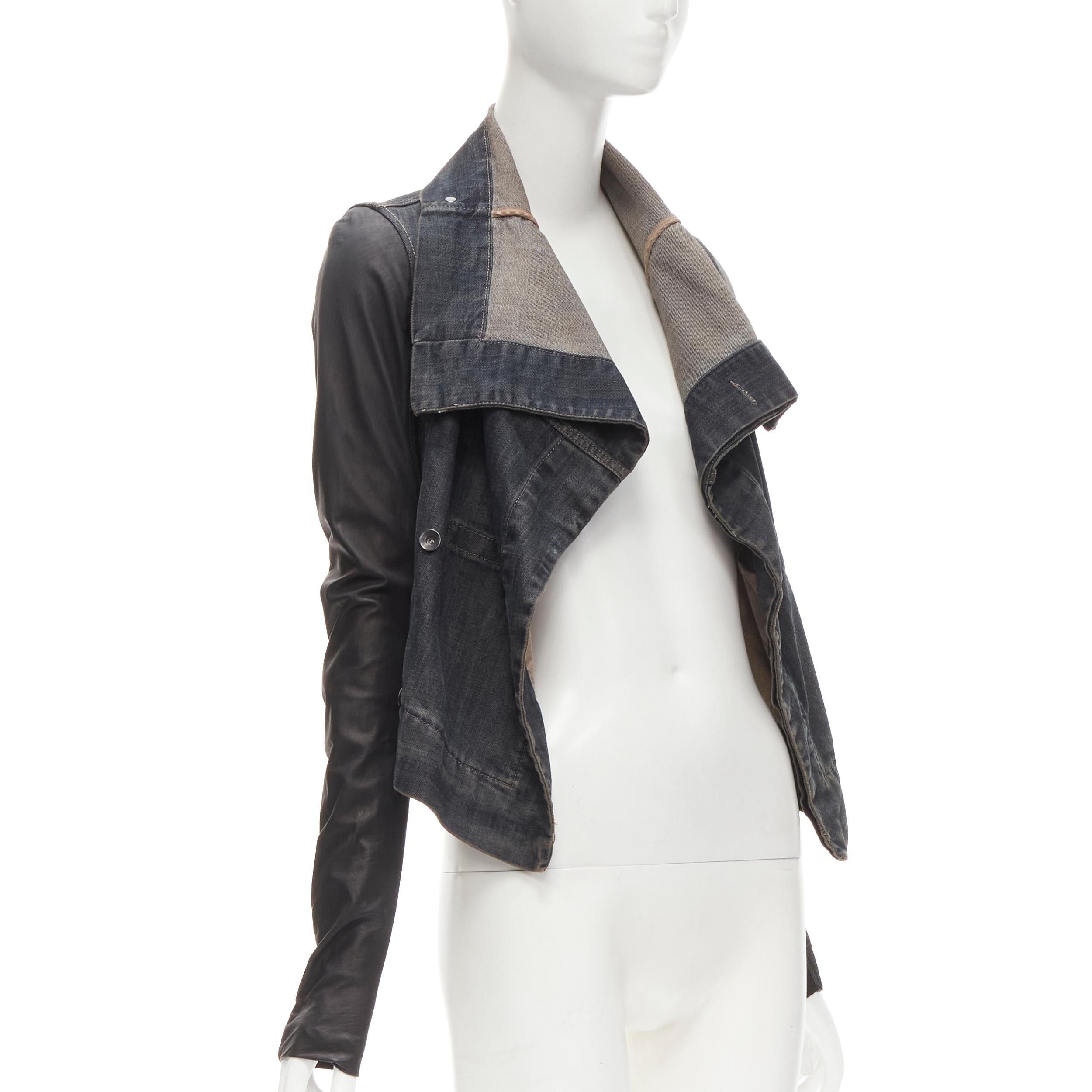 DRKSHDW RICK OWENS Vintage Exploder leather sleeve denim wrap biker jacket XS In Good Condition In Hong Kong, NT