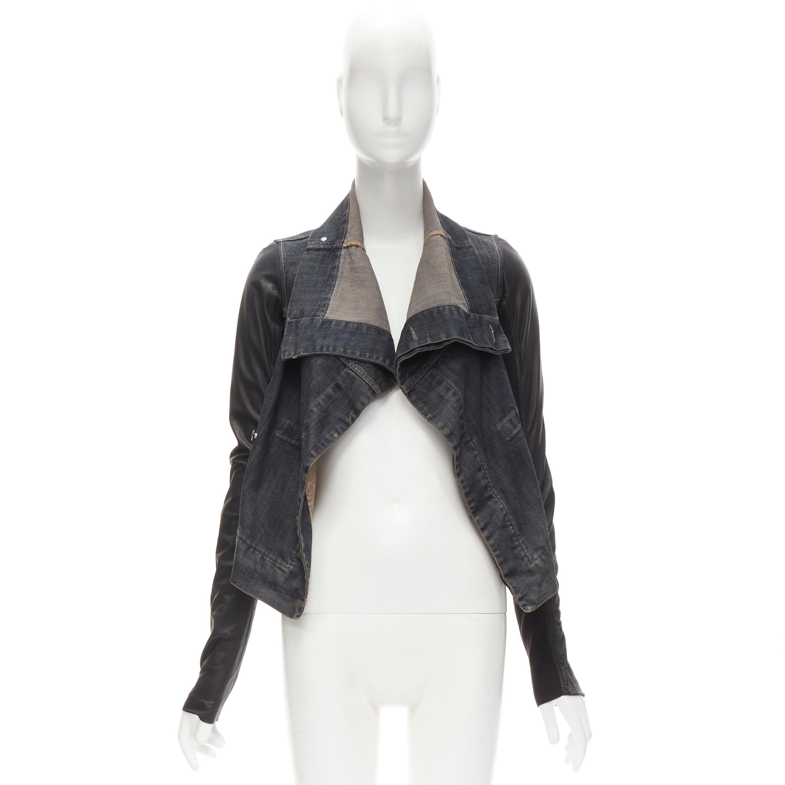 DRKSHDW RICK OWENS Vintage Exploder leather sleeve denim wrap biker jacket XS 5