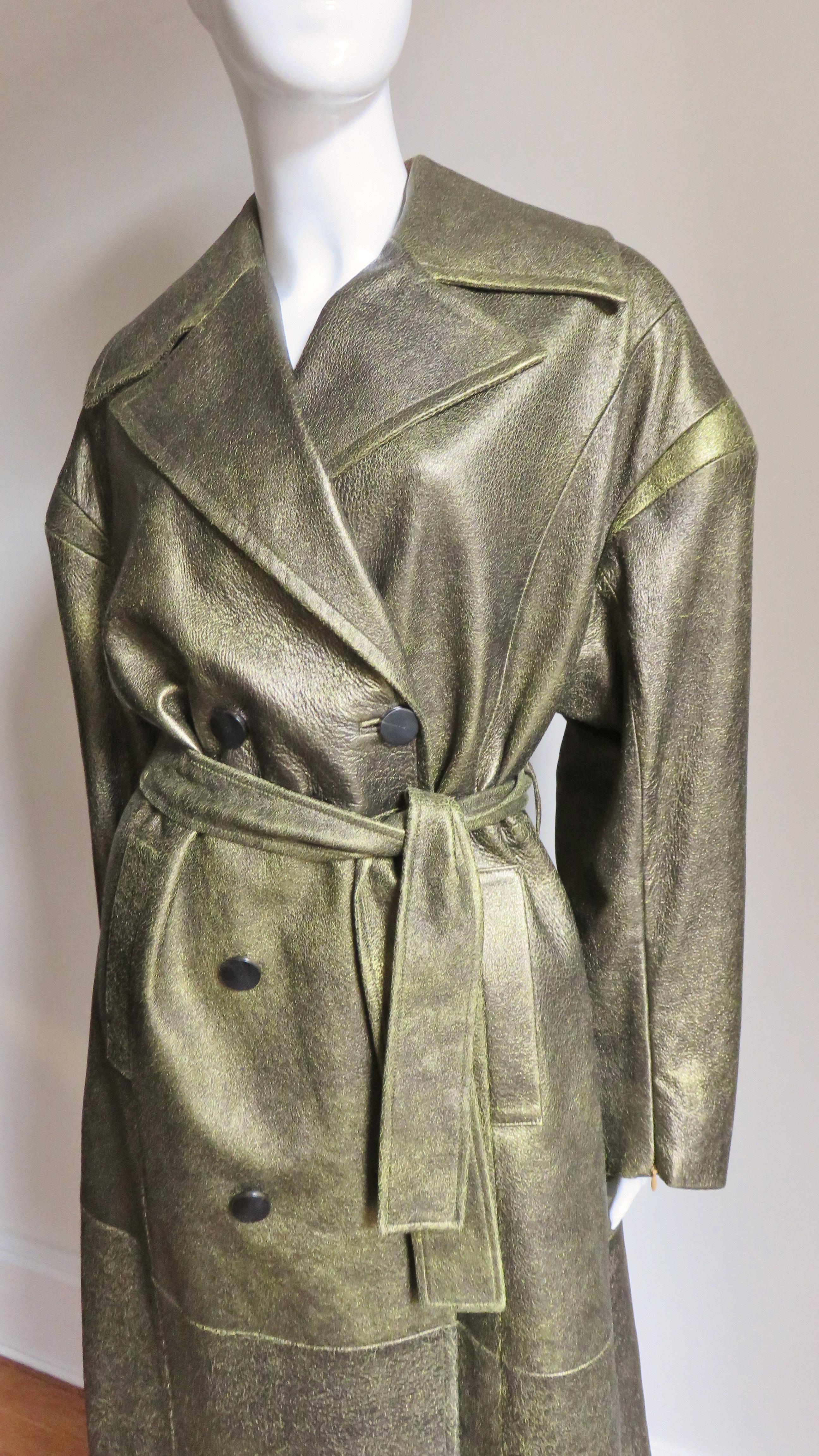 Gray Drome New Oversized Gold Leather Belted Trench Coat For Sale
