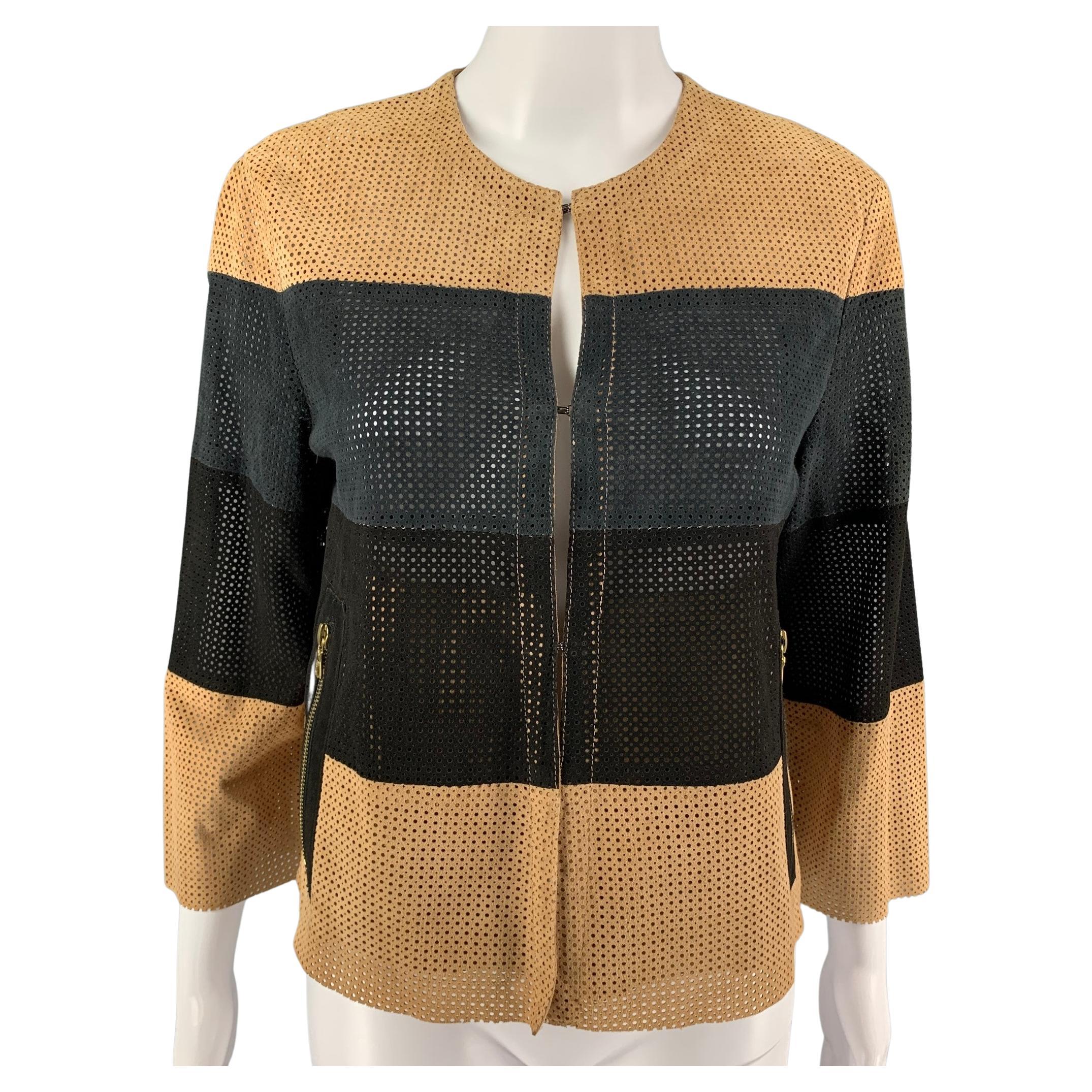 DROME Size S Camel Black Suede Perforated Hook and Eye Jacket For Sale